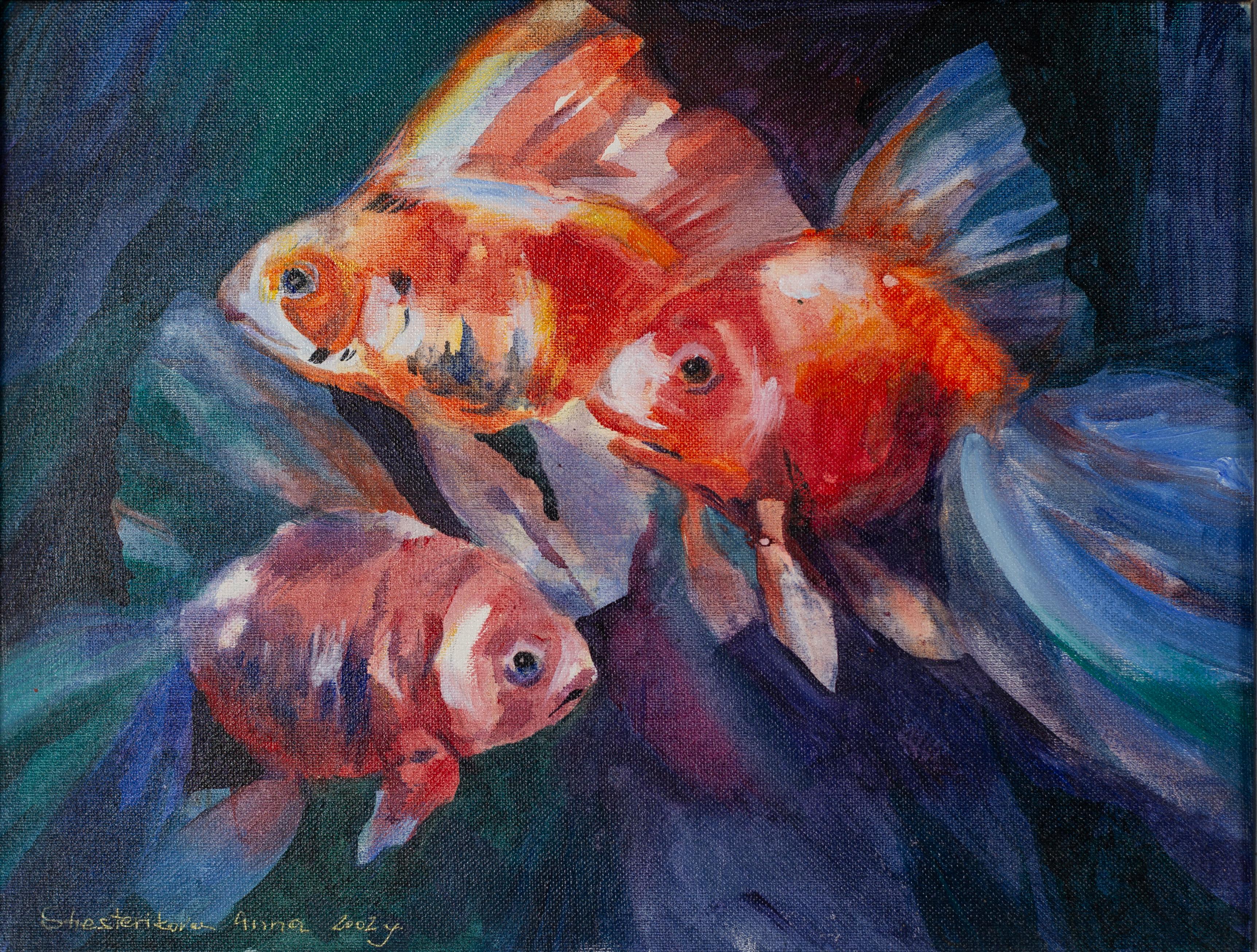 Anna Shesterikova Animal Painting - Bringing Happiness. Goldfish, underwater world, blue, red, impressionism