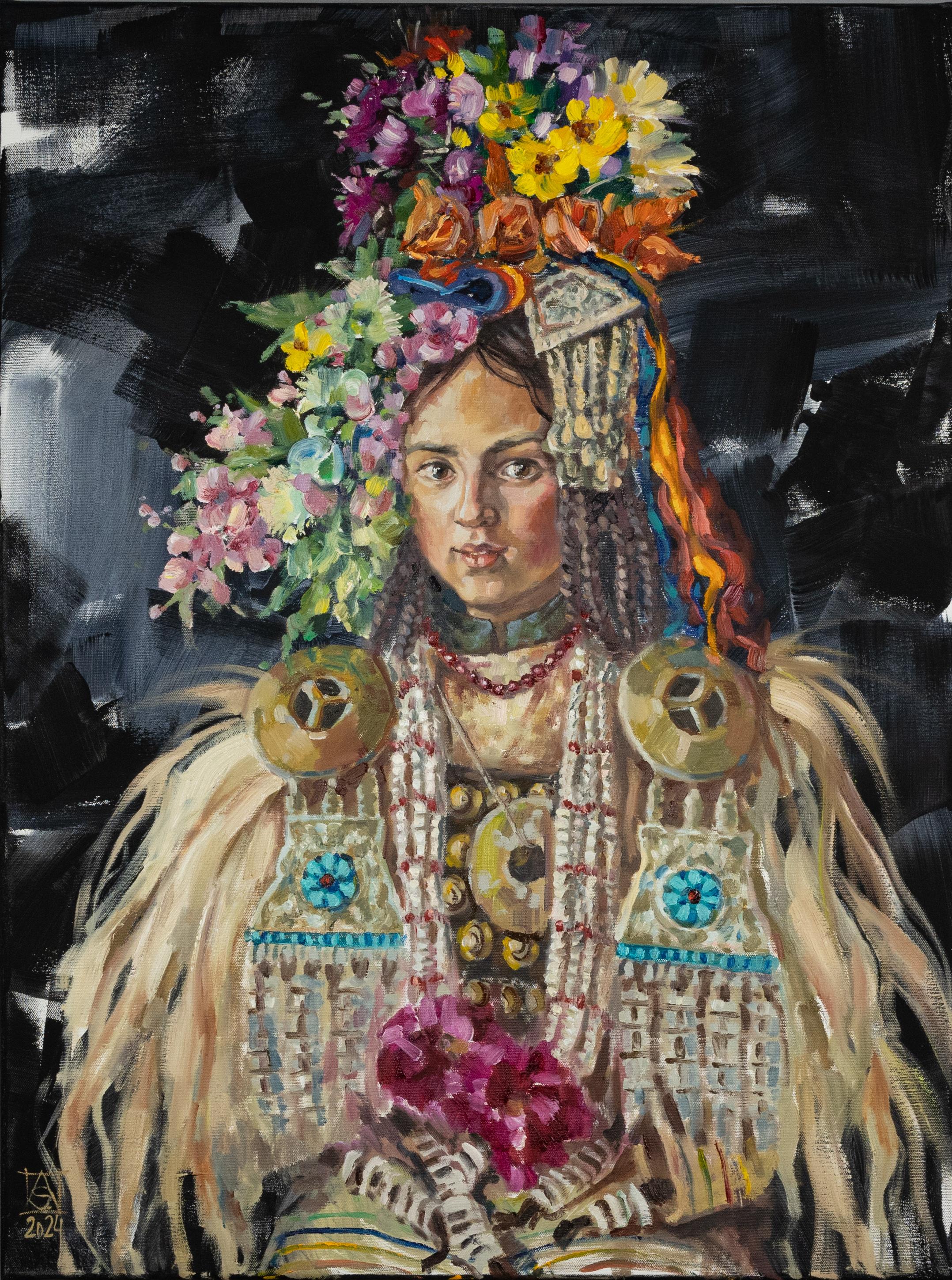 Anna Shesterikova Portrait Painting - Brokpa. Portrait of a girl in national dress, vertical, India.