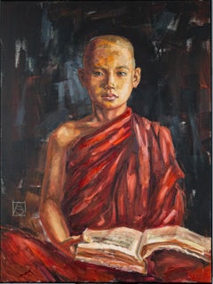 Novicia budista de un monasterio tibetano. Niños, retrato, niño, vertical