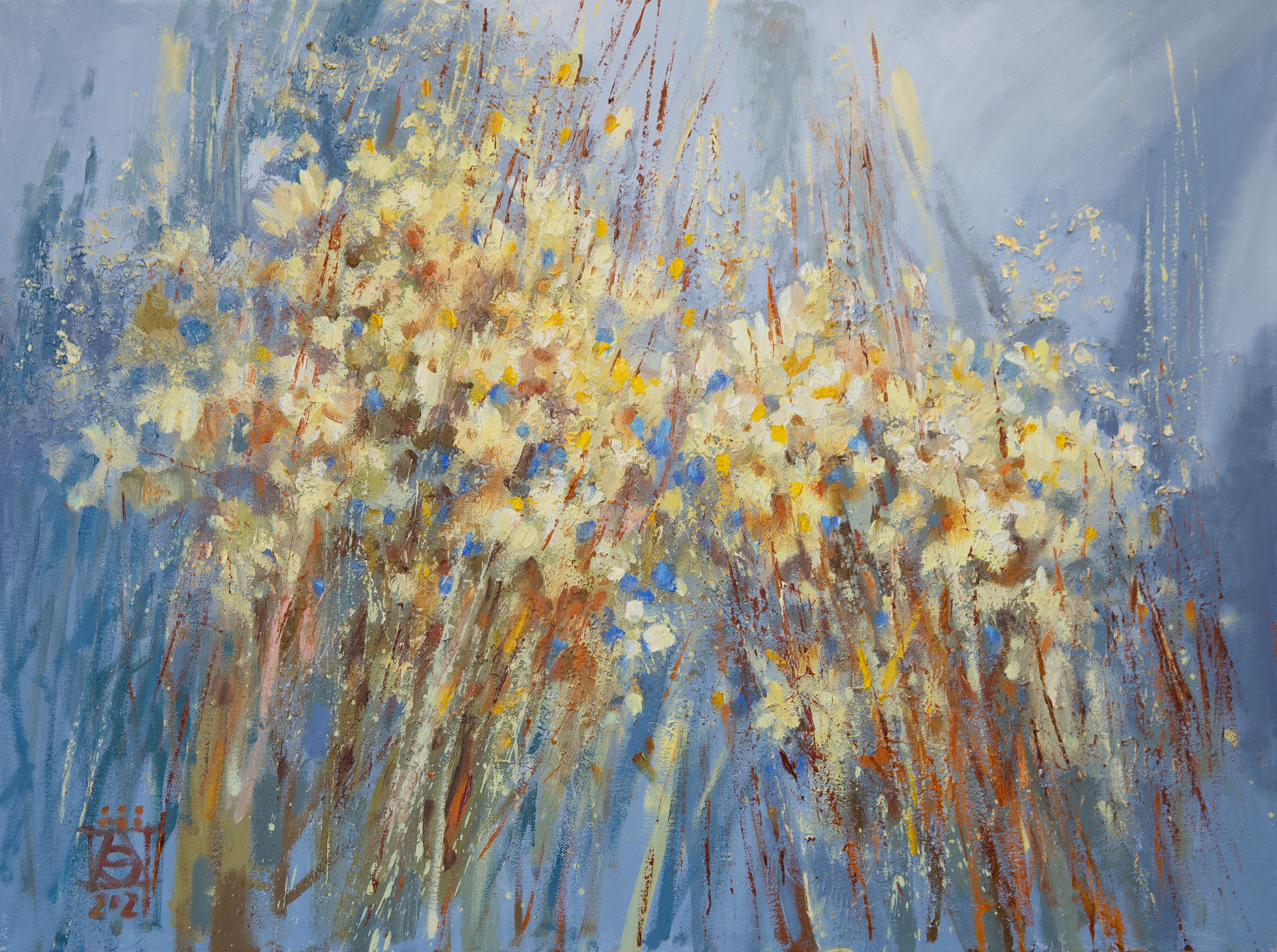 Anna Shesterikova Abstract Painting - Camomile. Horizontal, impressionism, flowers, interior, Japandi, shabby chic