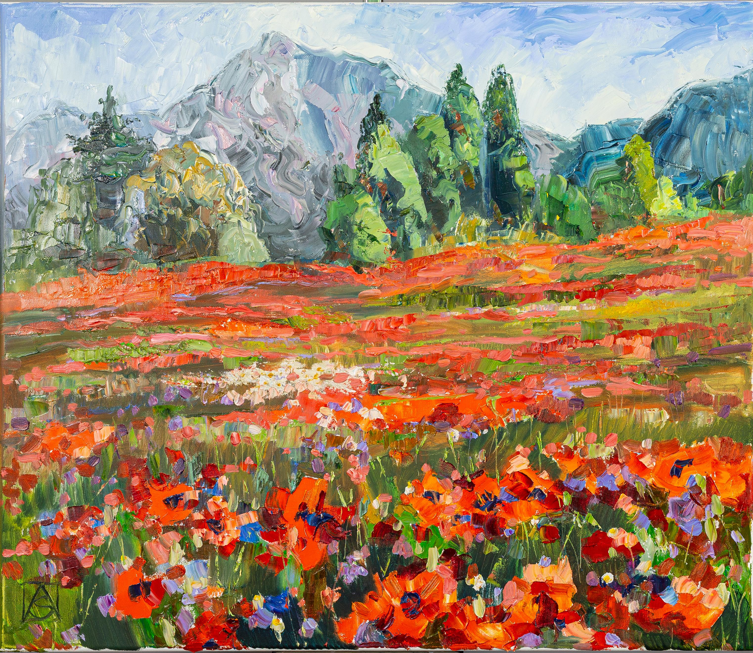 Anna Shesterikova Landscape Painting - Carpet of Poppies. Poppies, floral, Switzerland, landscape oil painting