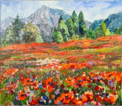 Carpet of Poppies. Poppies, floral, Switzerland, landscape oil painting