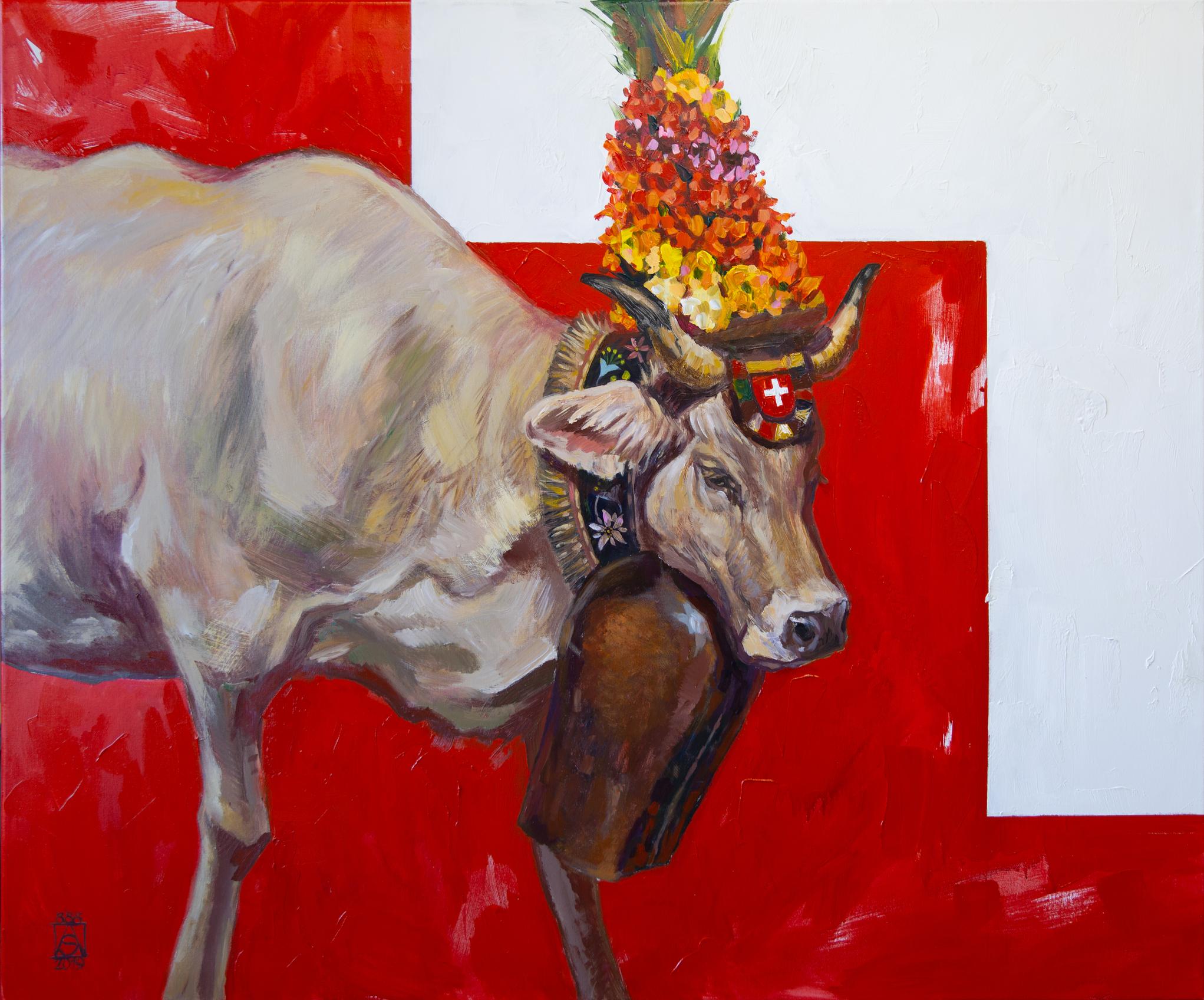 Anna Shesterikova Animal Painting – Viehtrieb von Alpen