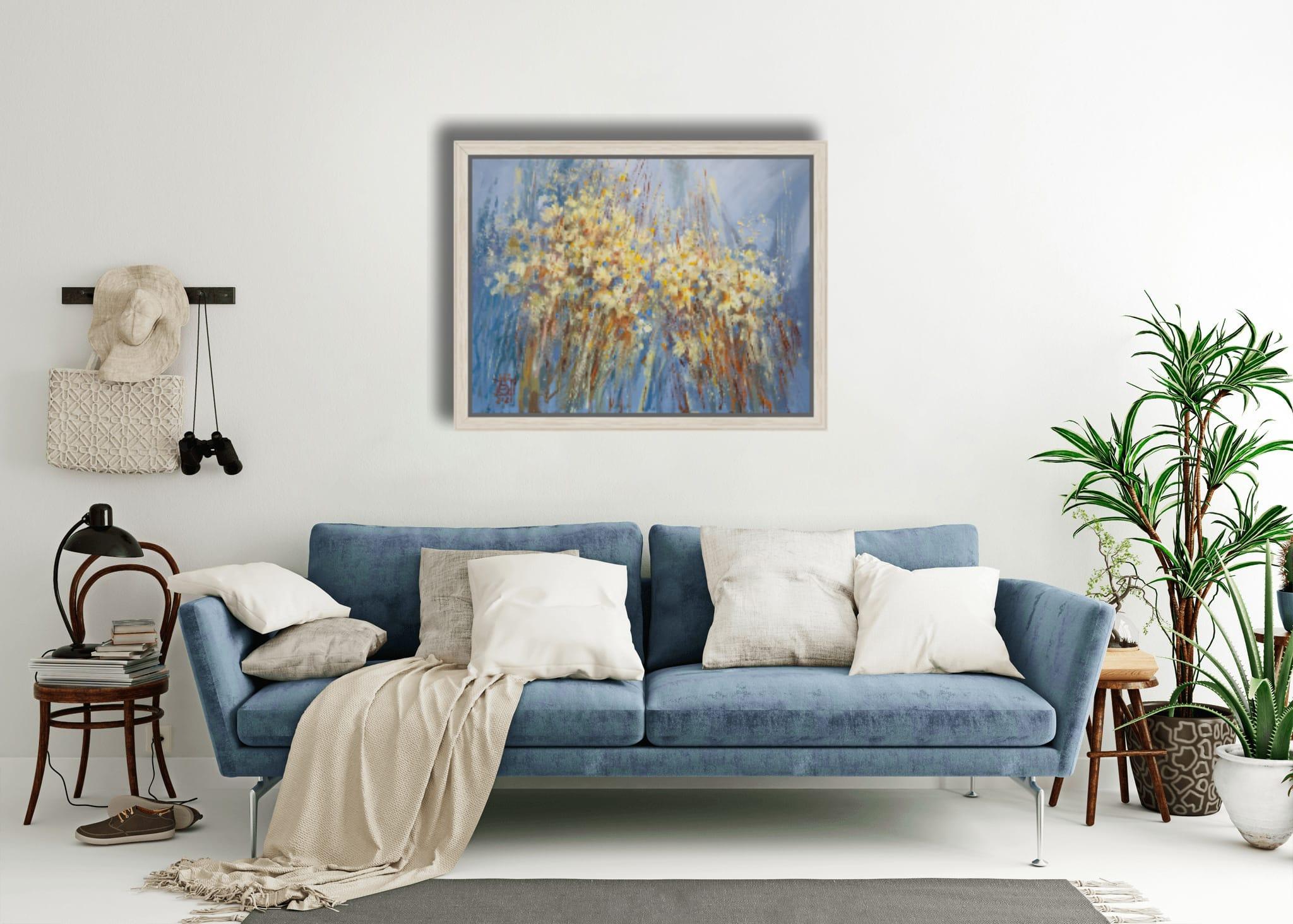 Chamomile. Horizontal, expressionism, flowers, horizontal, blue, interior im Angebot 5
