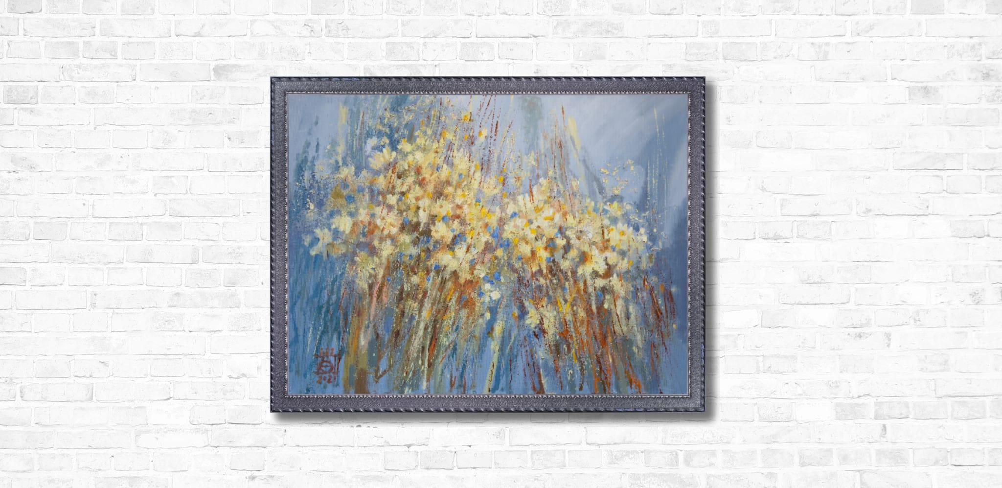 Chamomile. Horizontal, expressionism, flowers, horizontal, blue, interior im Angebot 6