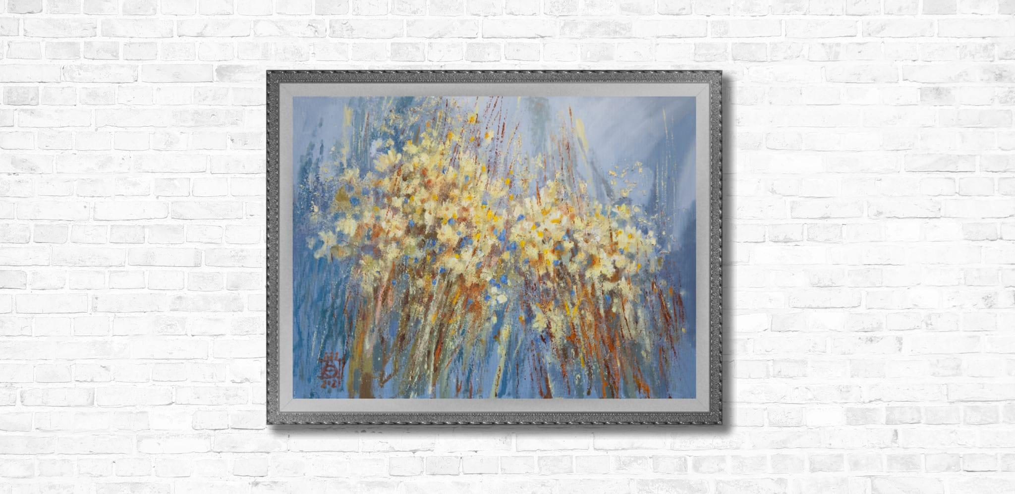 Chamomile. Horizontal, expressionism, flowers, horizontal, blue, interior im Angebot 7
