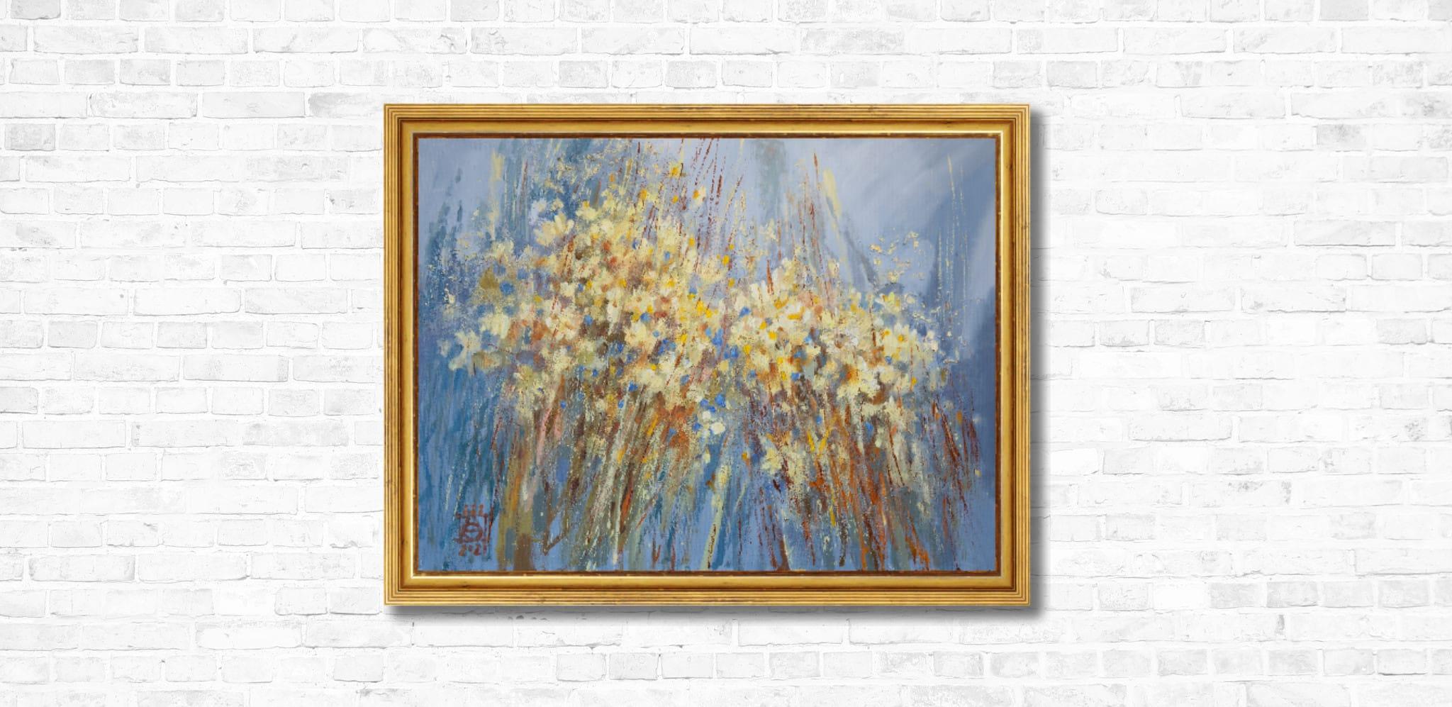 Chamomile. Horizontal, expressionism, flowers, horizontal, blue, interior im Angebot 8