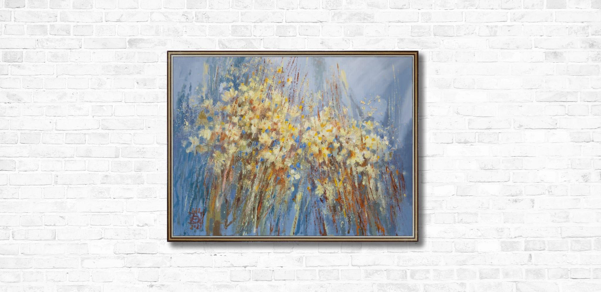 Chamomile. Horizontal, expressionism, flowers, horizontal, blue, interior im Angebot 9
