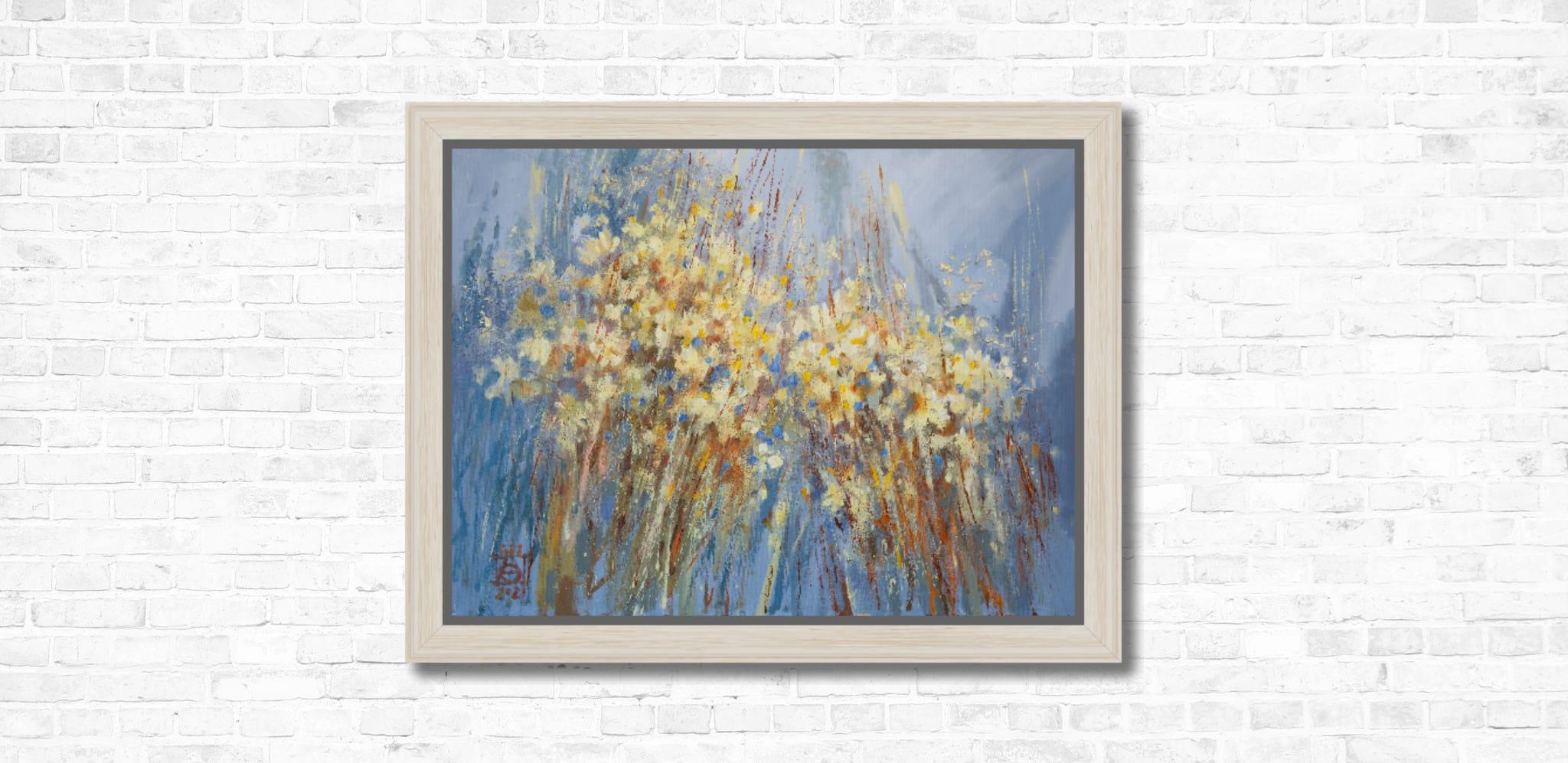 Chamomile. Horizontal, expressionism, flowers, horizontal, blue, interior im Angebot 10