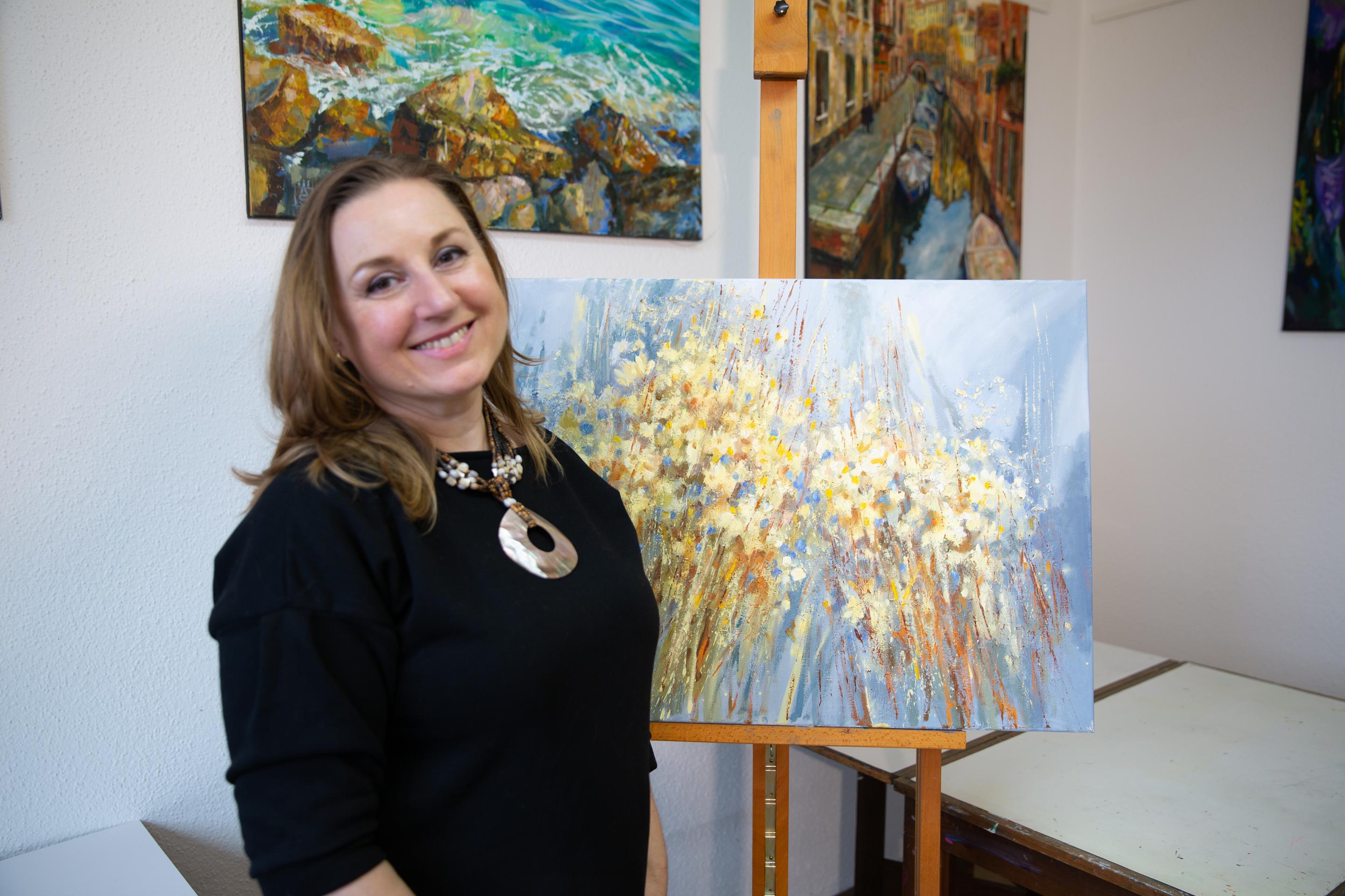 Chamomile. Horizontal, expressionism, flowers, horizontal, blue, interior (Abstrakter Expressionismus), Painting, von Anna Shesterikova