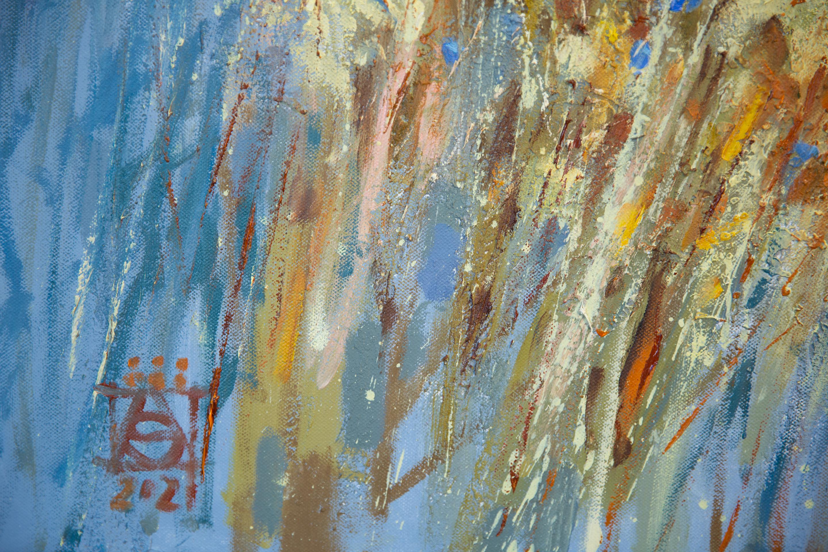 Chamomile. Horizontal, expressionism, flowers, horizontal, blue, interior im Angebot 1