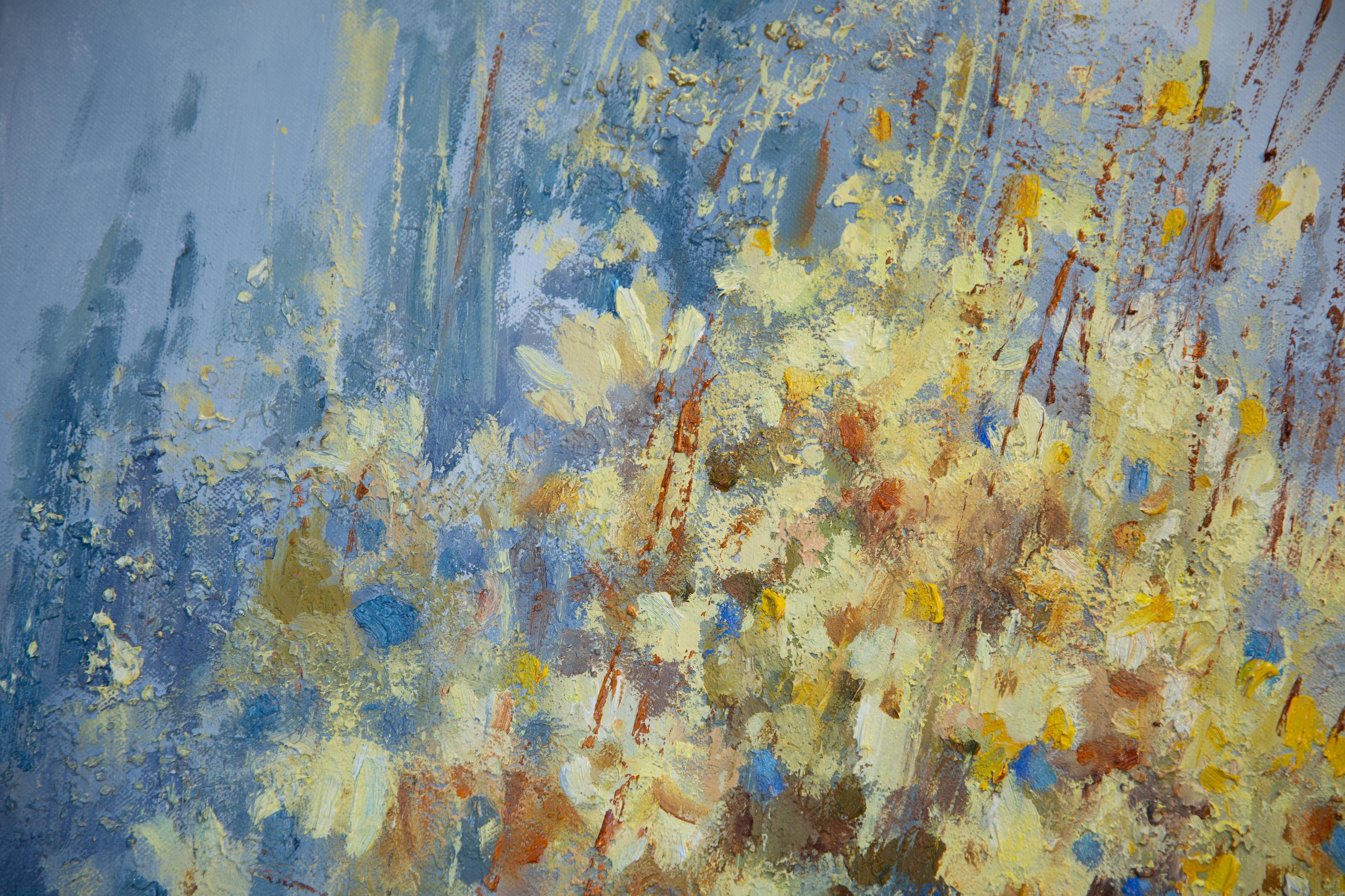 Chamomile. Horizontal, expressionism, flowers, horizontal, blue, interior im Angebot 2