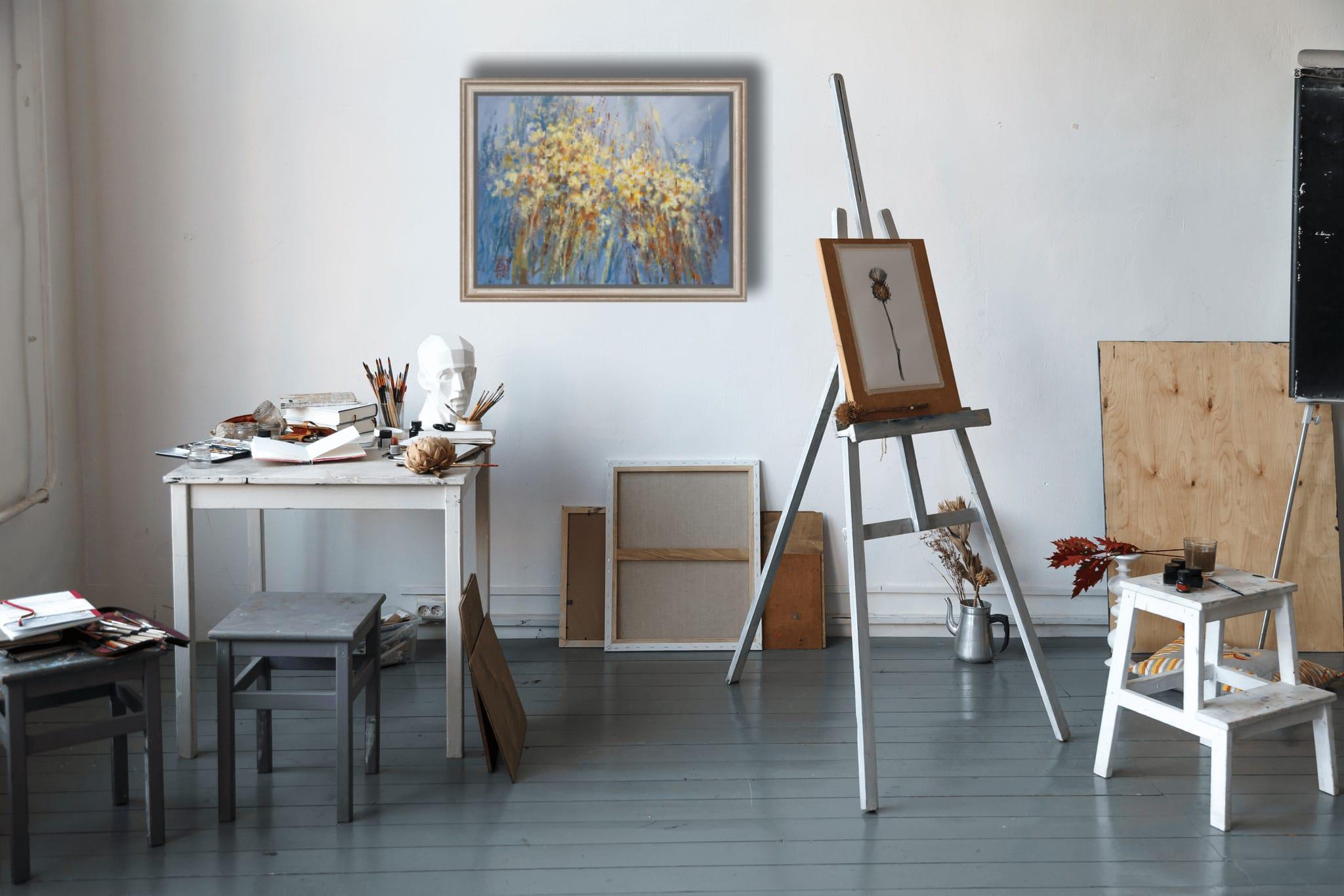 Chamomile. Horizontal, expressionism, flowers, horizontal, blue, interior im Angebot 3