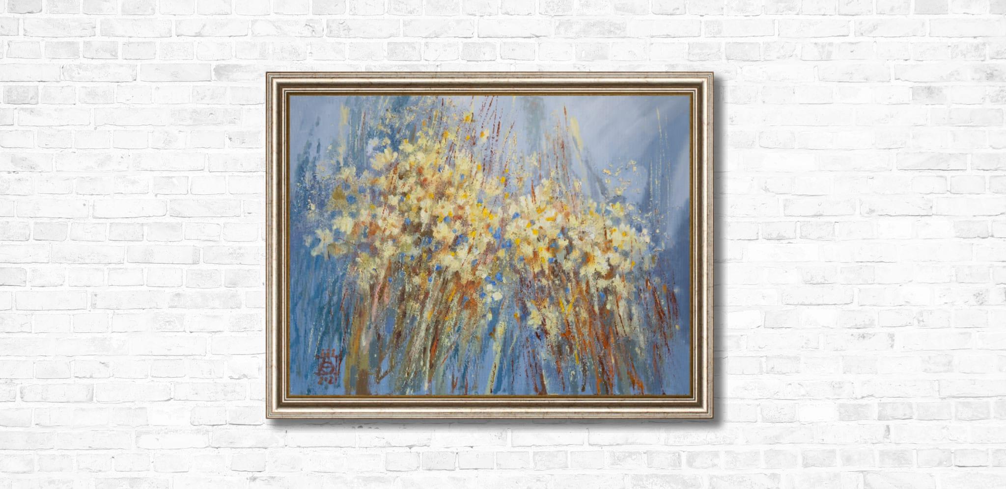 Chamomile. Horizontal, expressionism, flowers, horizontal, blue, interior im Angebot 4