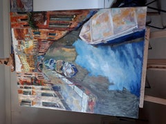 Channel in Venice. Impressionism, canals, Italy, boats, landscape Paintings