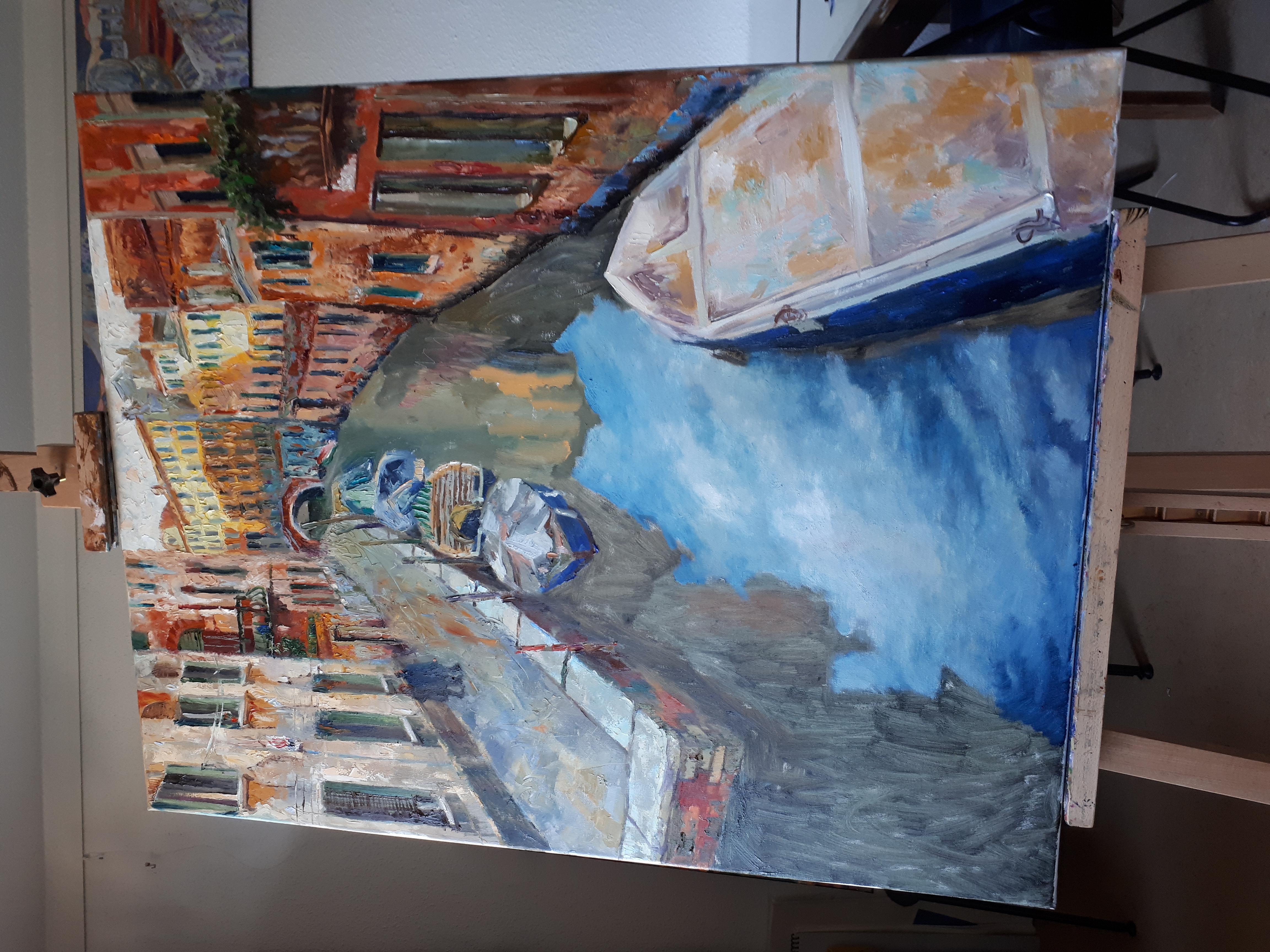 Channel in Venice. Vertical landscape, impressionism, canals, boats. - Painting by Anna Shesterikova