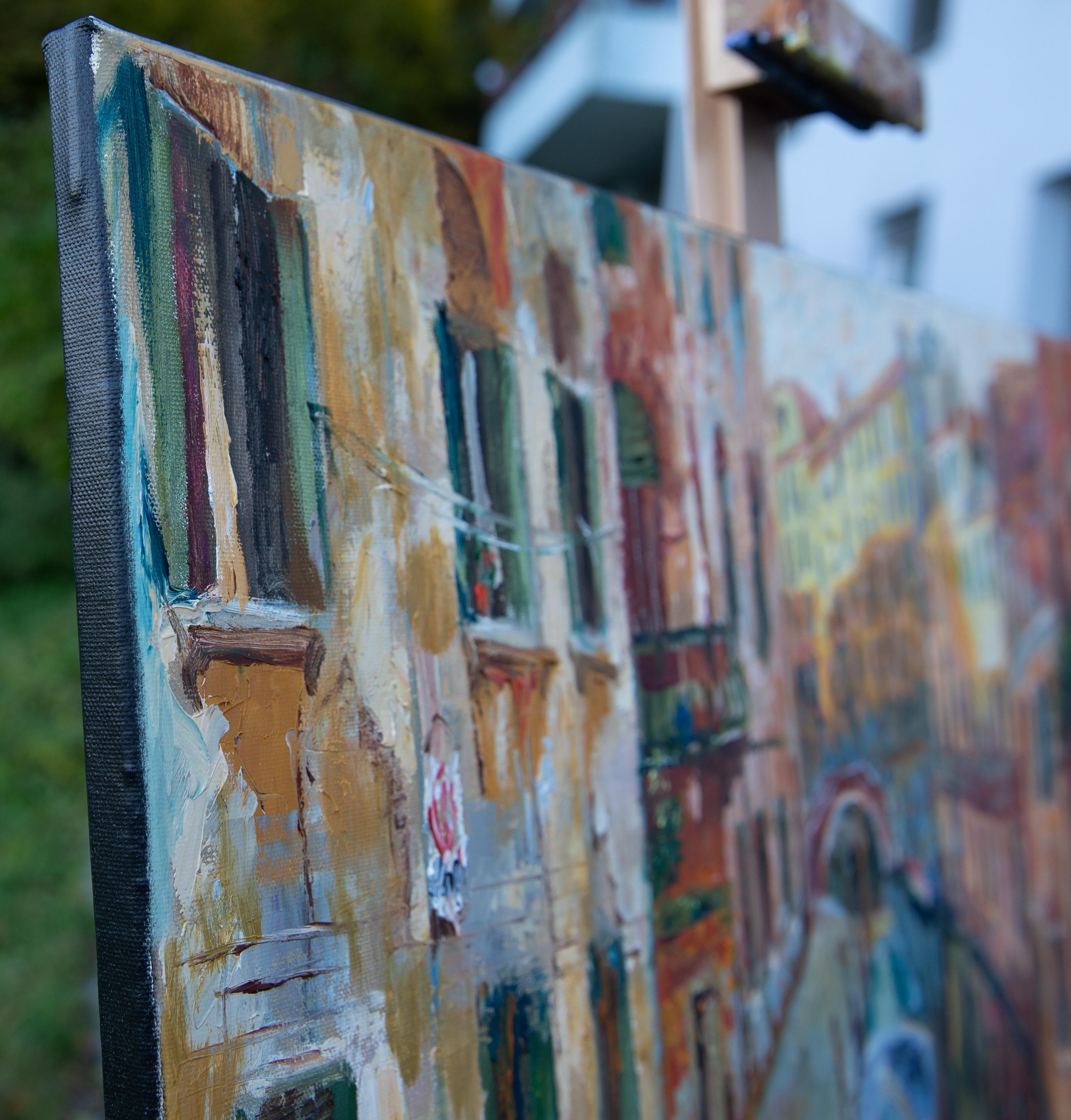 Channel in Venice. Vertical landscape, impressionism, canals, boats. - Gray Landscape Painting by Anna Shesterikova