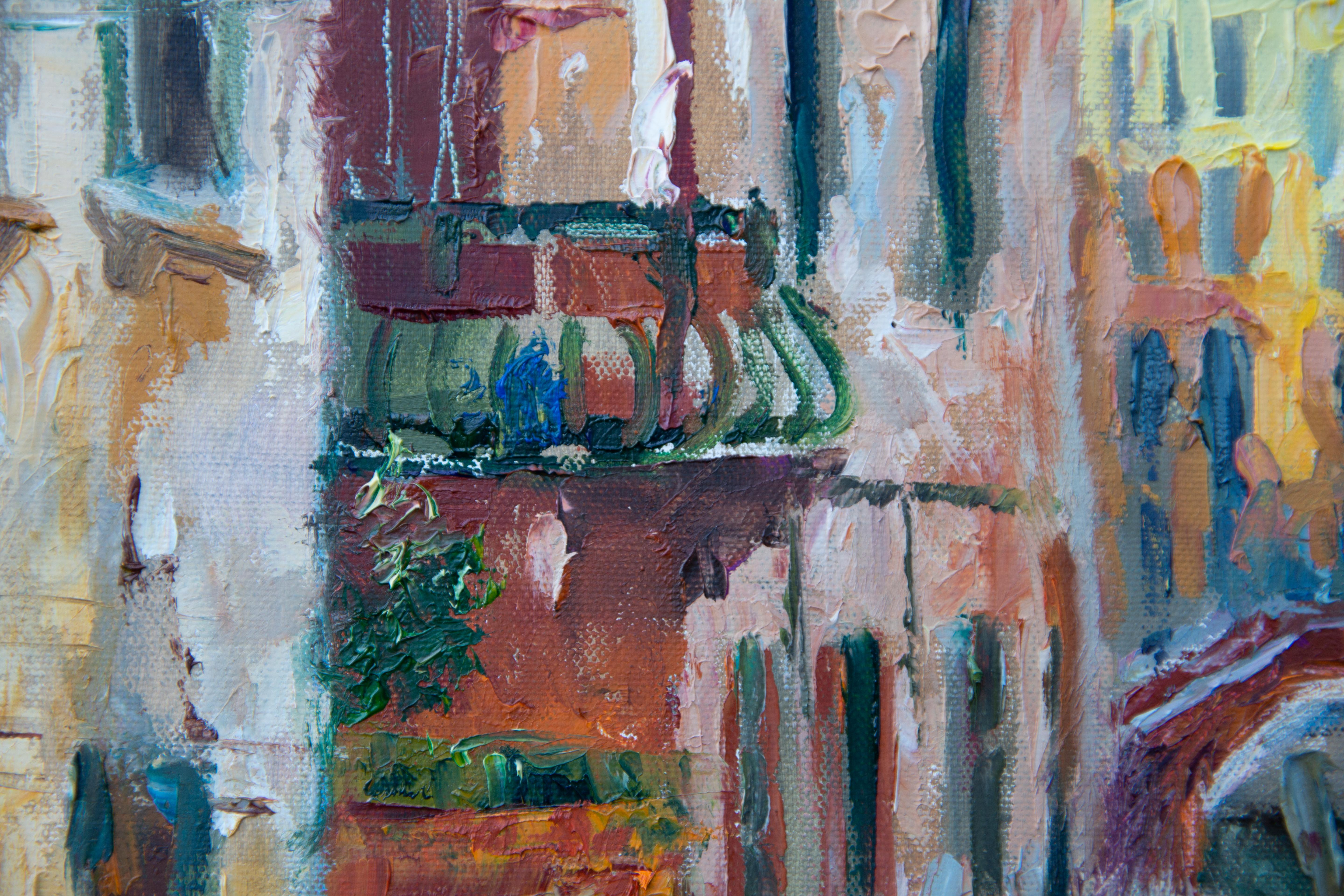 Channel in Venice. Vertical landscape, impressionism, canals, boats. For Sale 4