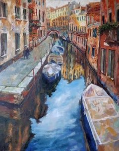 Channel in Venice. Vertical landscape, impressionism, canals, boats.