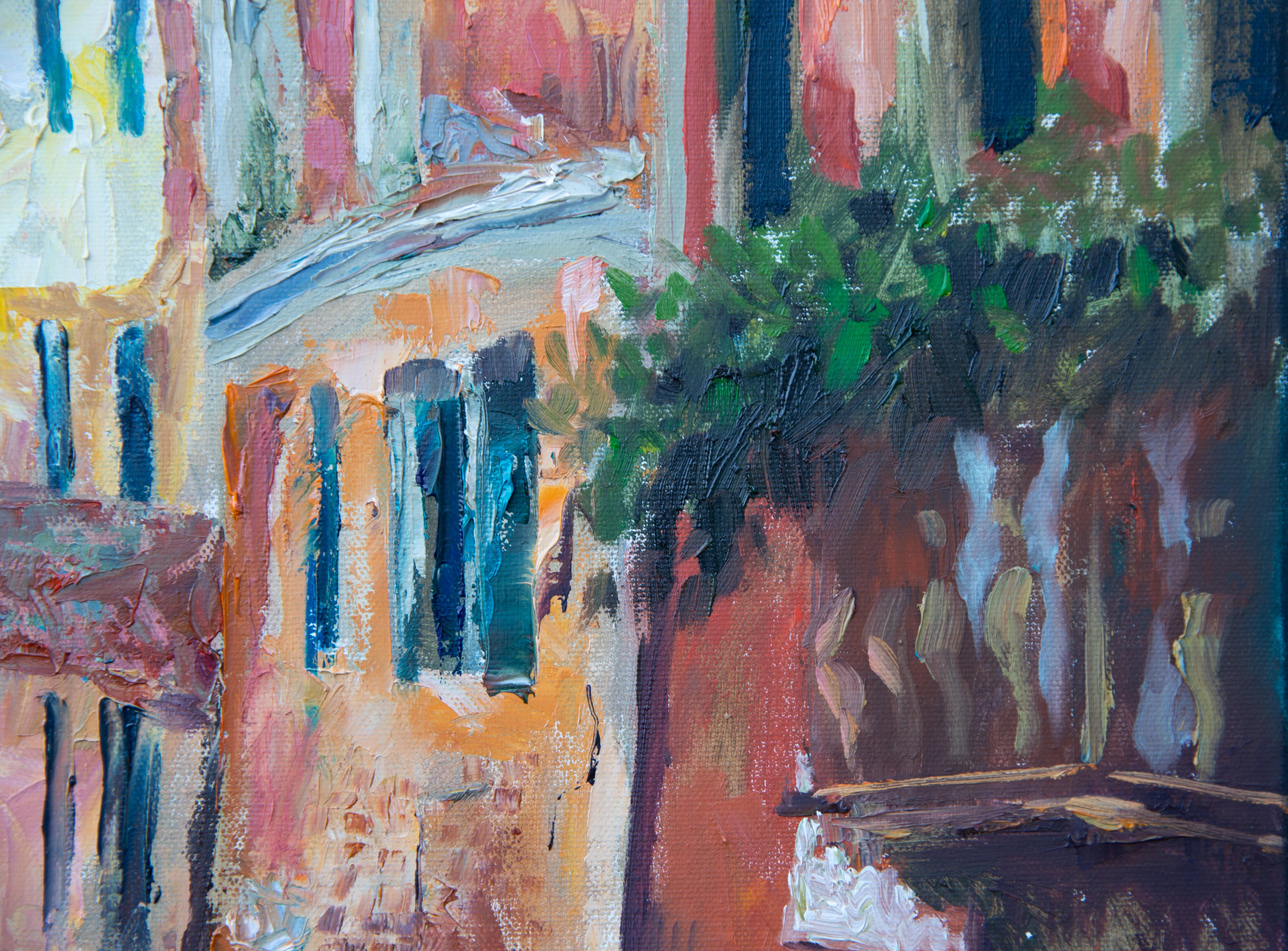 Channel in Venice. Vertical landscape, impressionism, canals, Italy, boats. For Sale 5