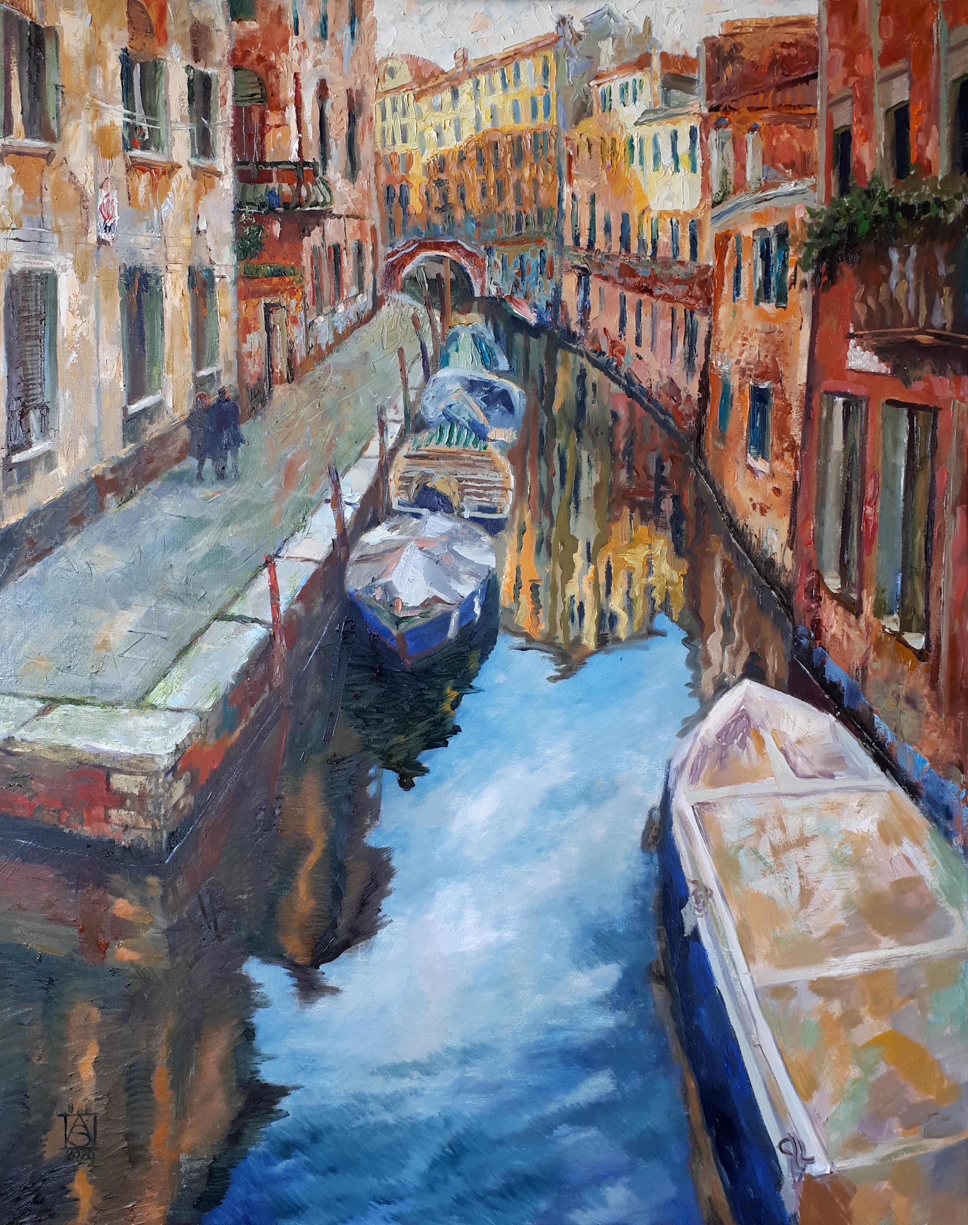 Anna Shesterikova Landscape Painting - Channel in Venice. Vertical landscape, impressionism, canals, Italy, boats.