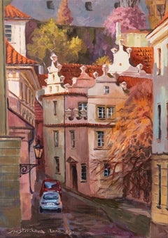 Charming City in Spring. Sunset, impressionism, Landscape Paintings, Prague