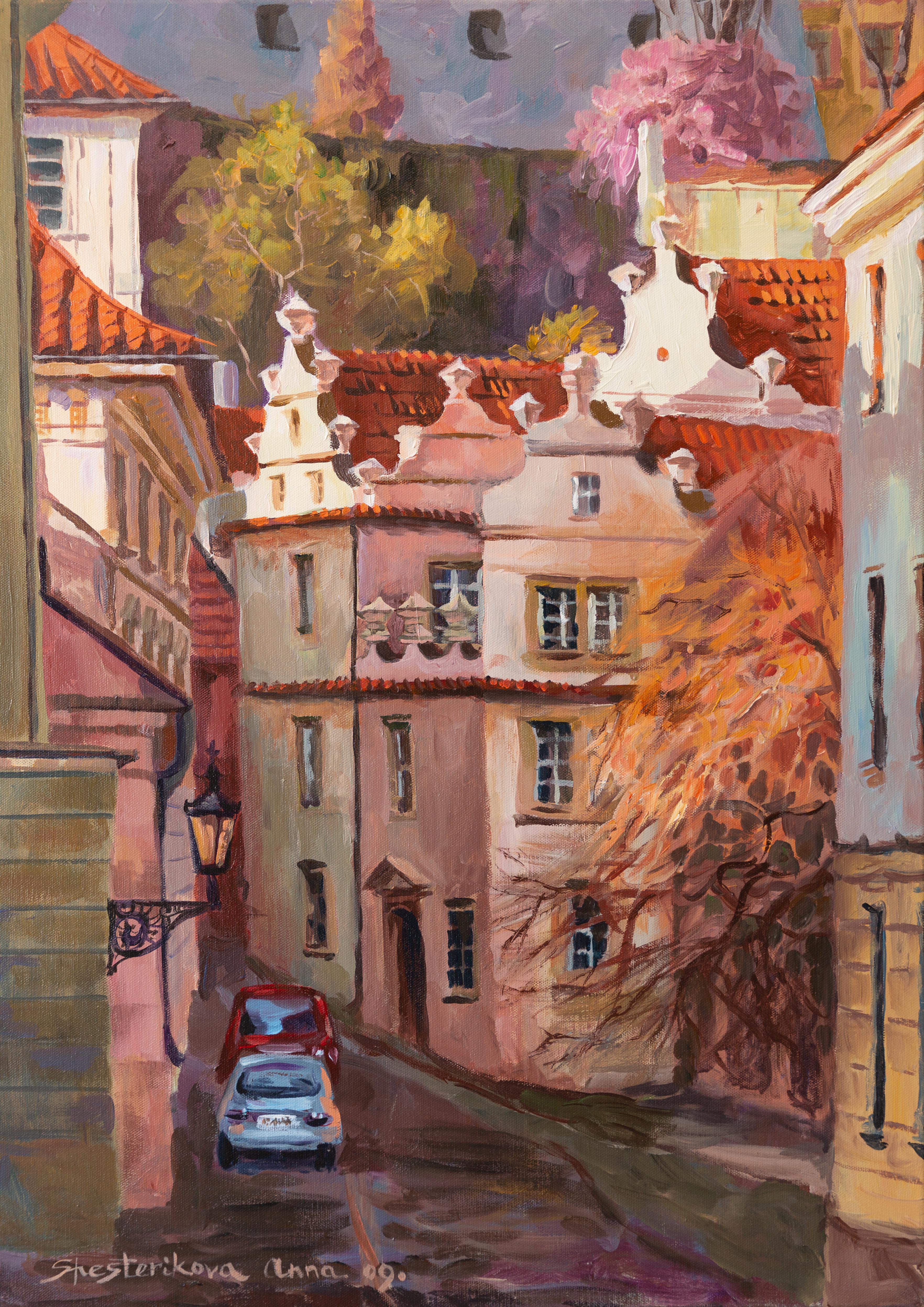 Landscape Painting di Anna Shesterikova - Una città incantevole in primavera. Verticale, impressionismo, paesaggio, Praga