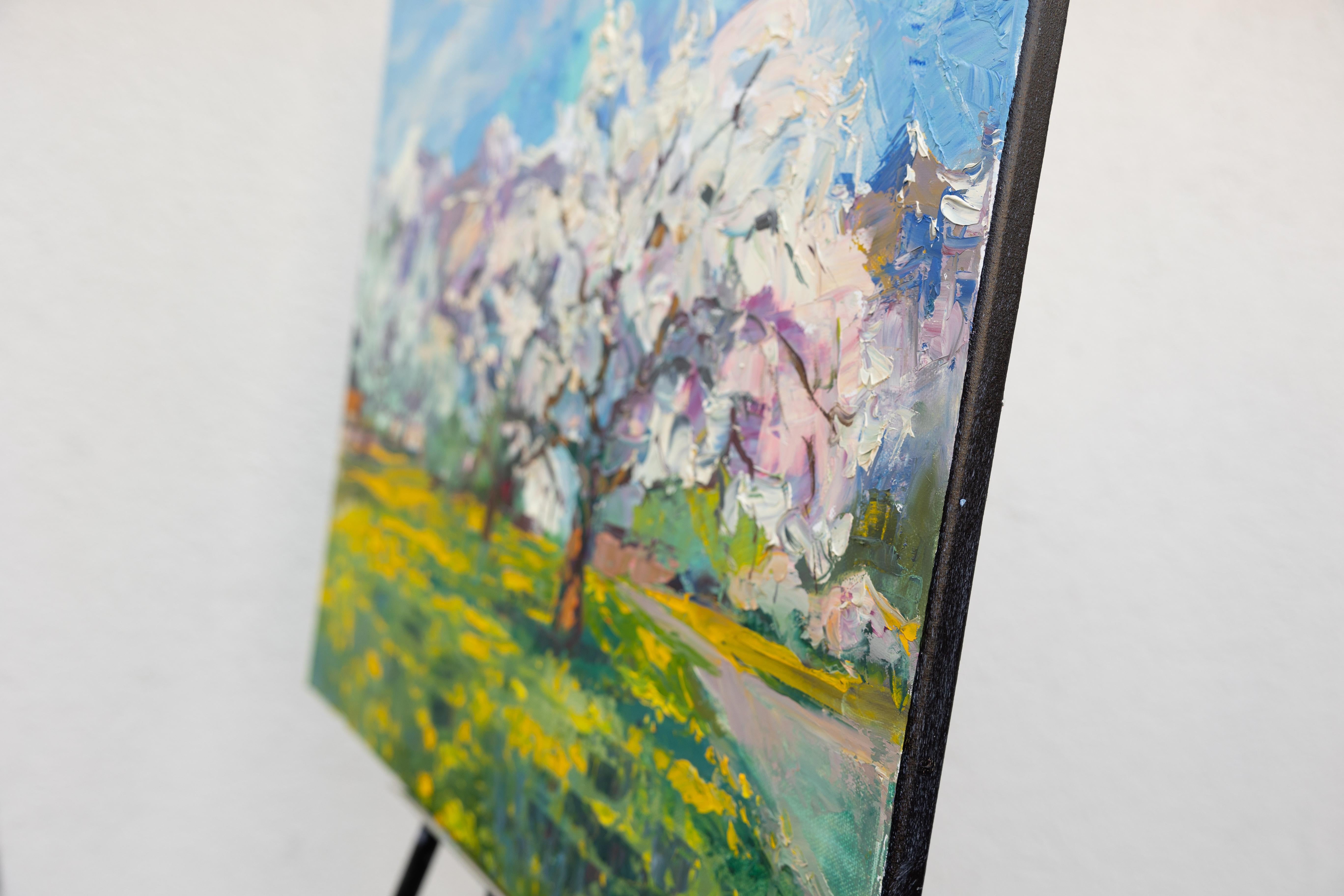 Cherry Trees. Horizontal landscape, impressionism, flowers, mountains, natur - Painting by Anna Shesterikova