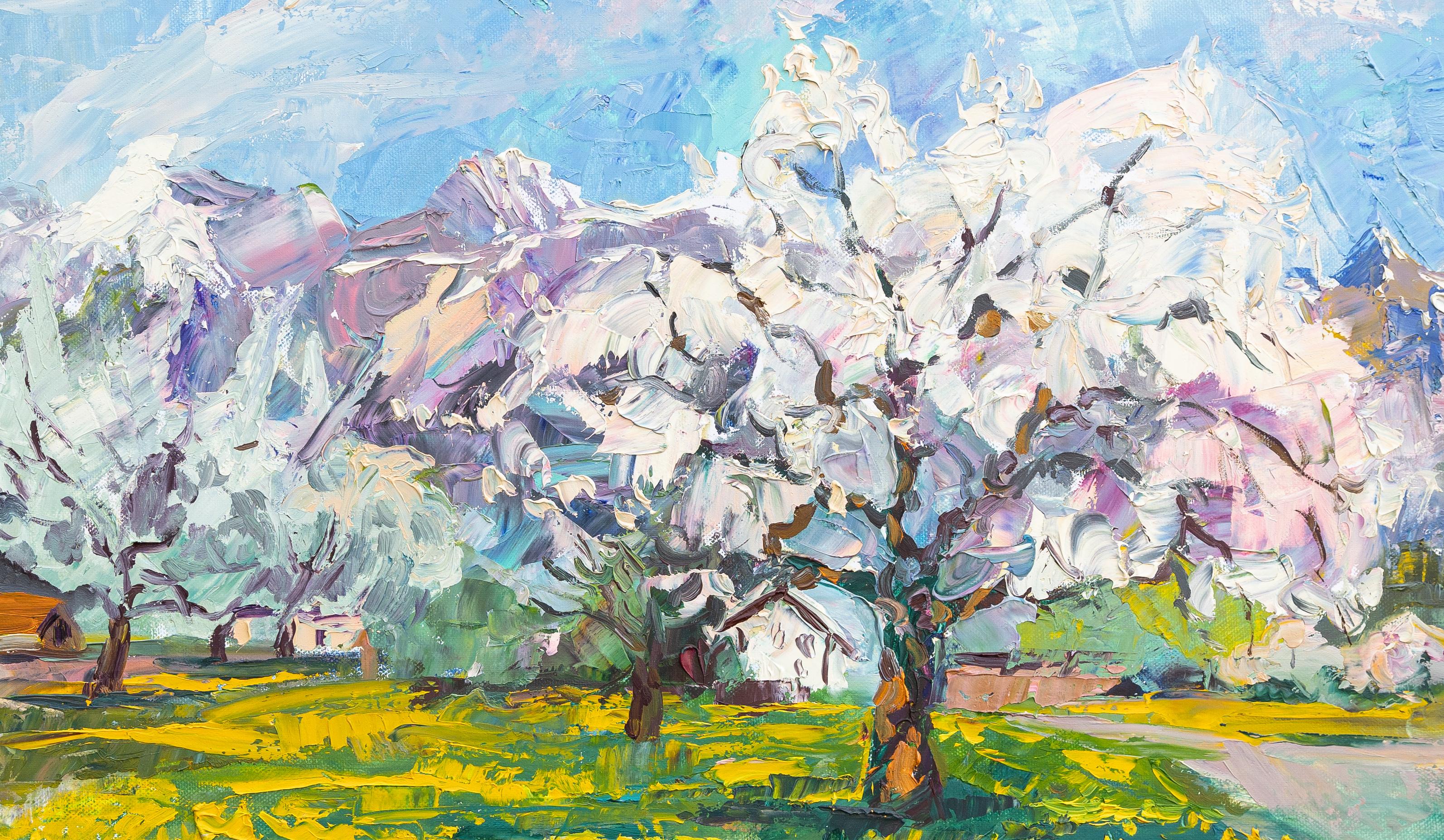 Cherry Trees. Horizontal landscape, impressionism, flowers, mountains, natur - Gray Landscape Painting by Anna Shesterikova