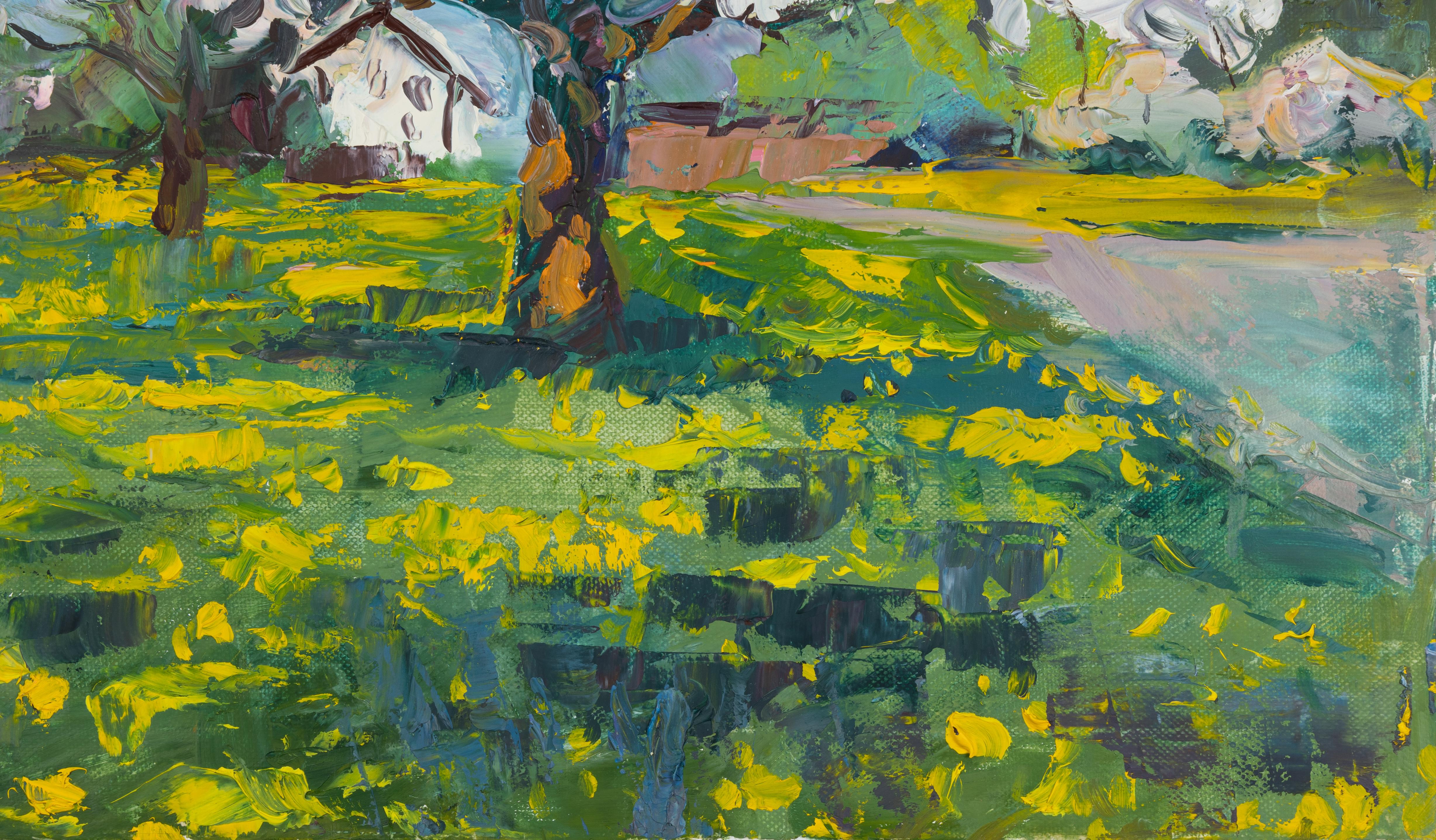 Cherry Trees. Horizontal landscape, impressionism, flowers, mountains, natur For Sale 1