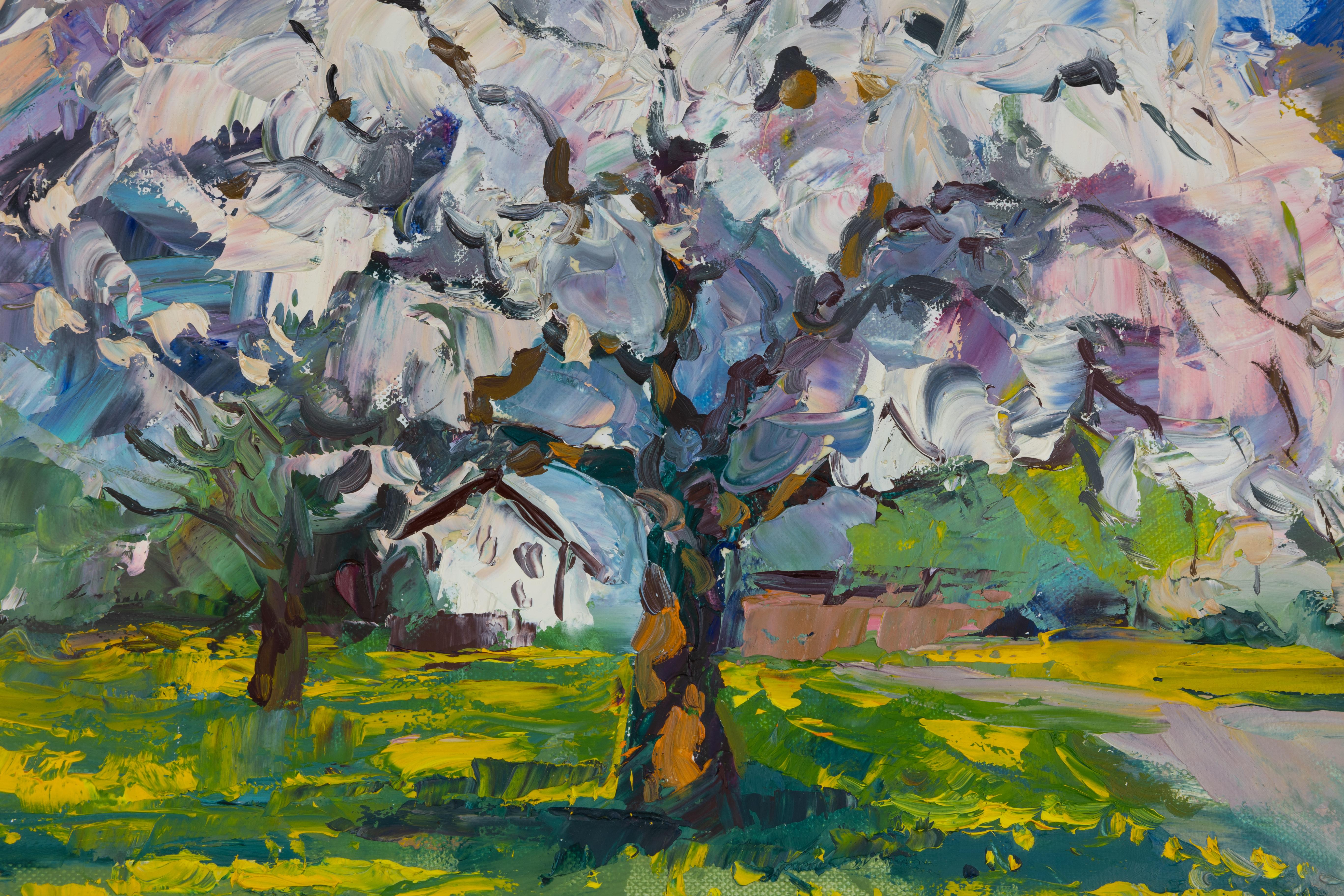 Cherry Trees. Horizontal landscape, impressionism, flowers, mountains, natur For Sale 2