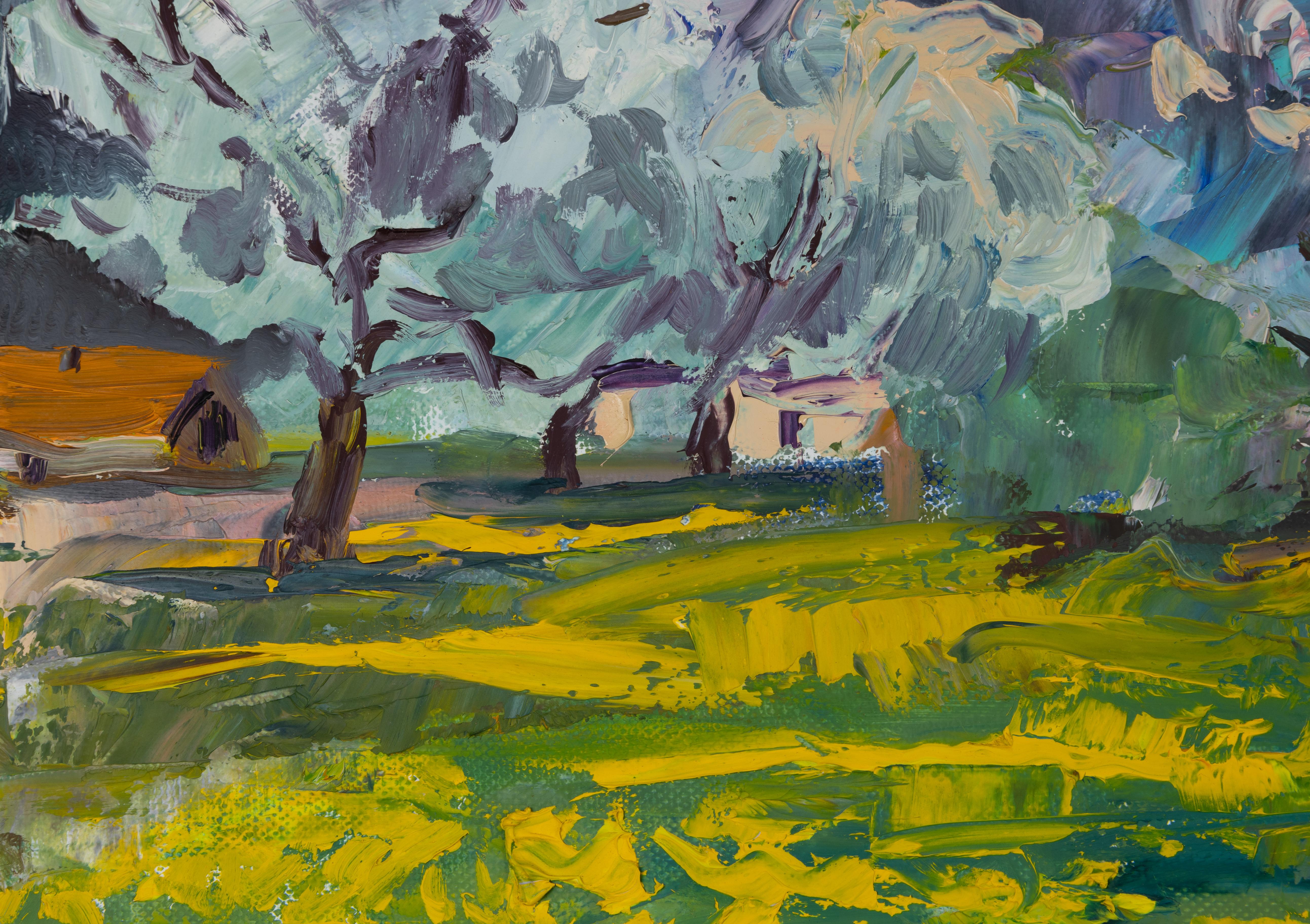 Cherry Trees. Horizontal landscape, impressionism, flowers, mountains, natur For Sale 3