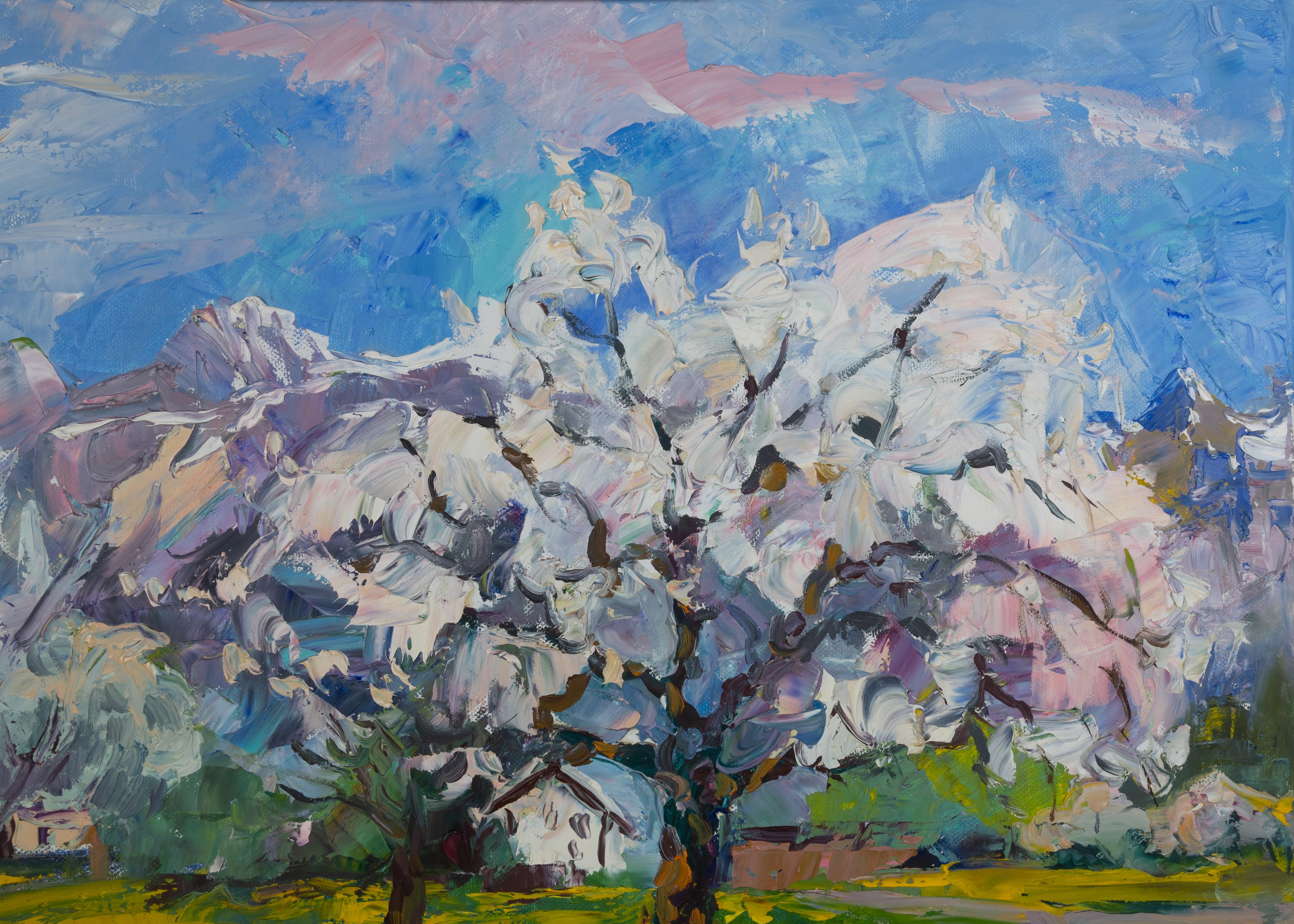 Cherry Trees. Horizontal landscape, impressionism, flowers, mountains, natur For Sale 4