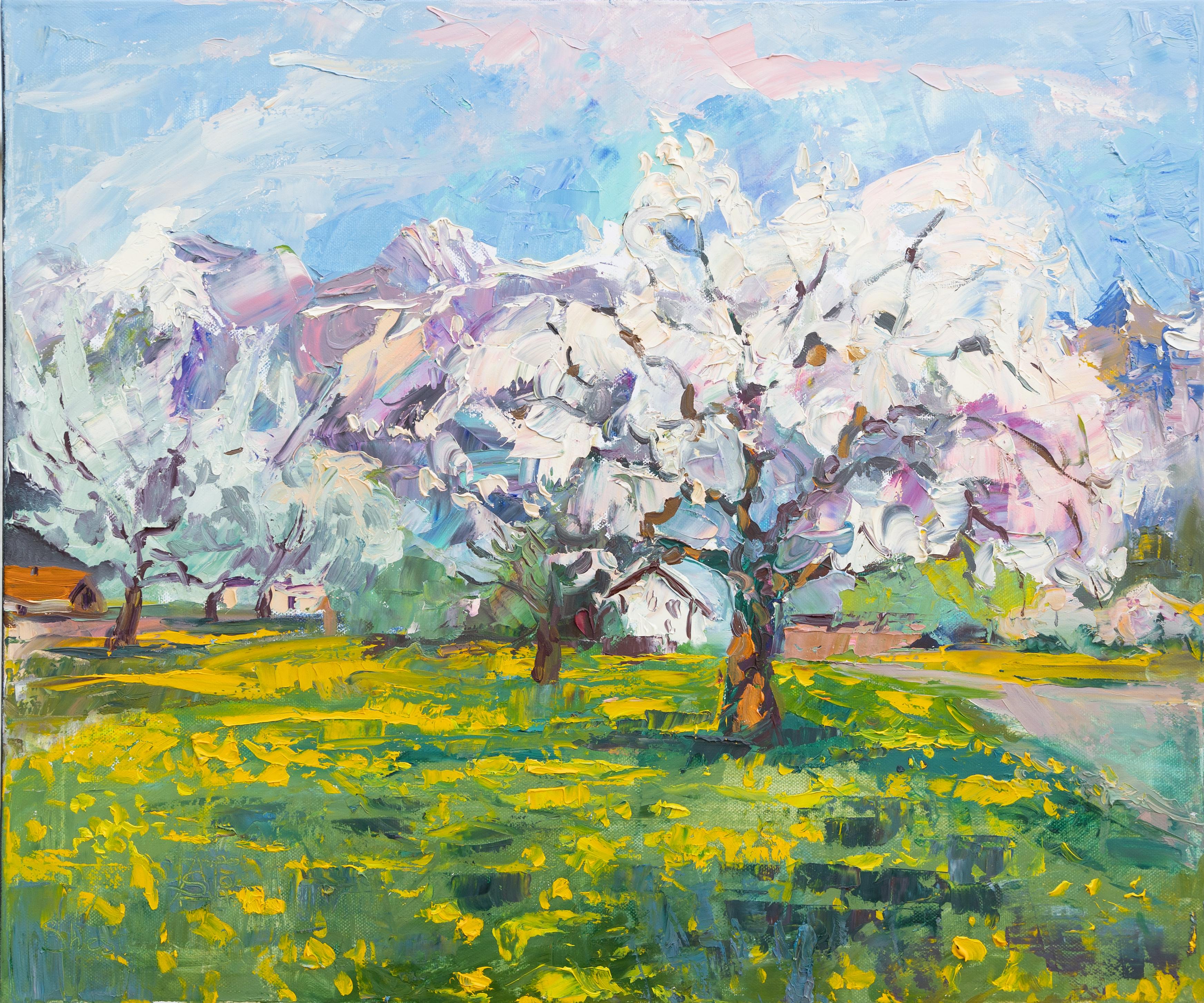 Anna Shesterikova Landscape Painting - Cherry Trees. Horizontal landscape, impressionism, flowers, mountains, natur