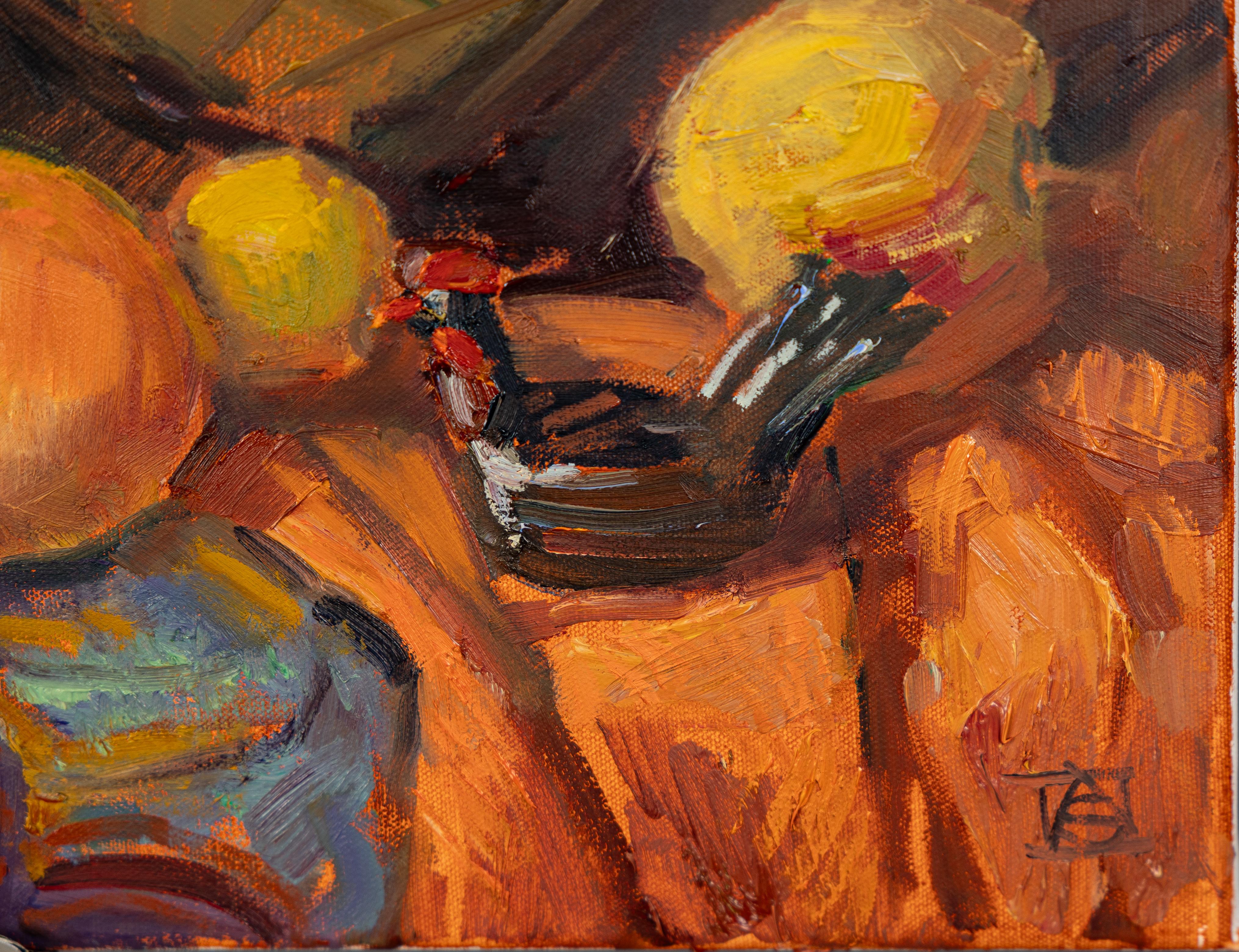 Chinese Still Life. Impressionism, oil, flowers, doll, braun, orange For Sale 5