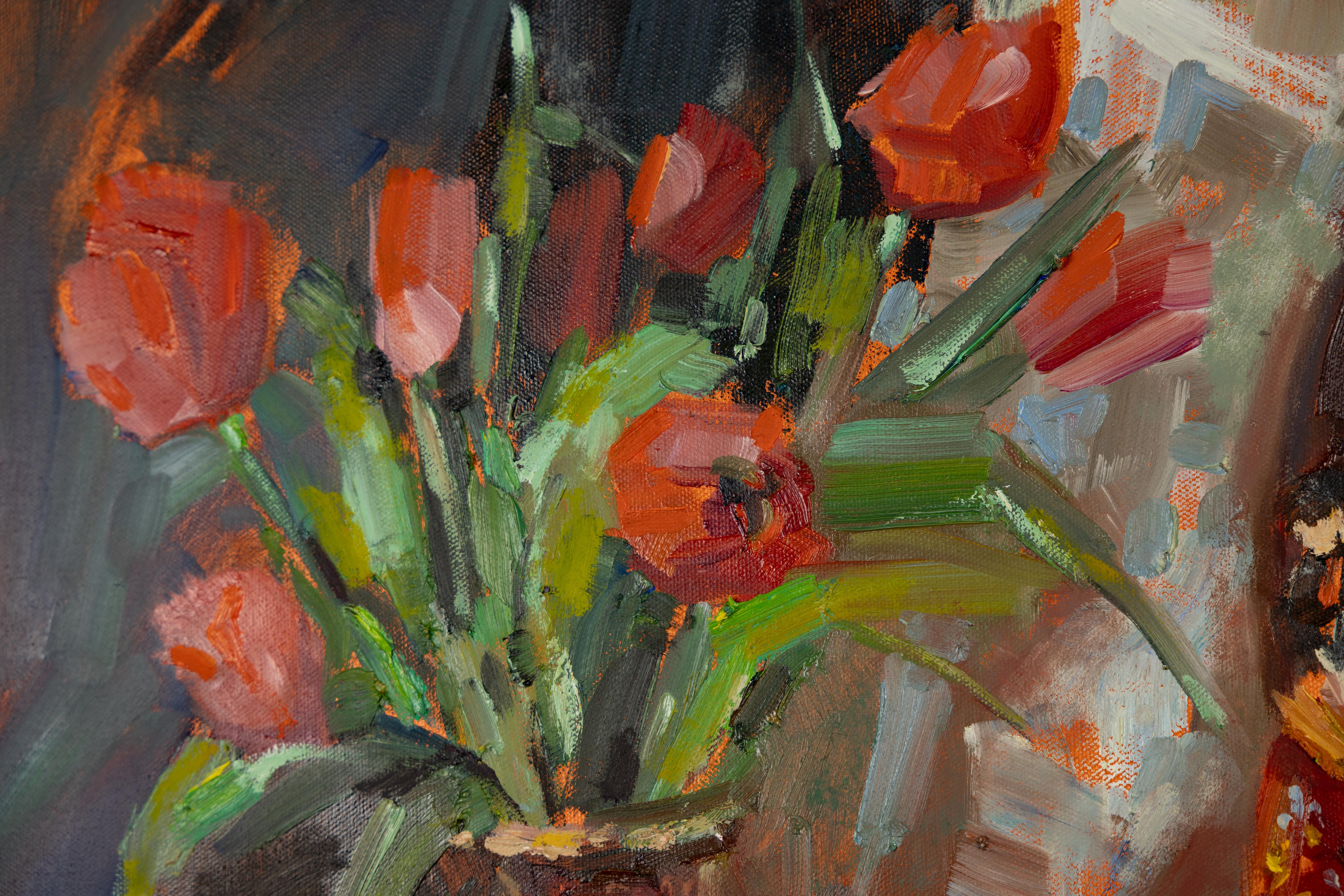 Chinese Still Life. Impressionism, oil, flowers, doll, braun, orange - Orange Still-Life Painting by Anna Shesterikova