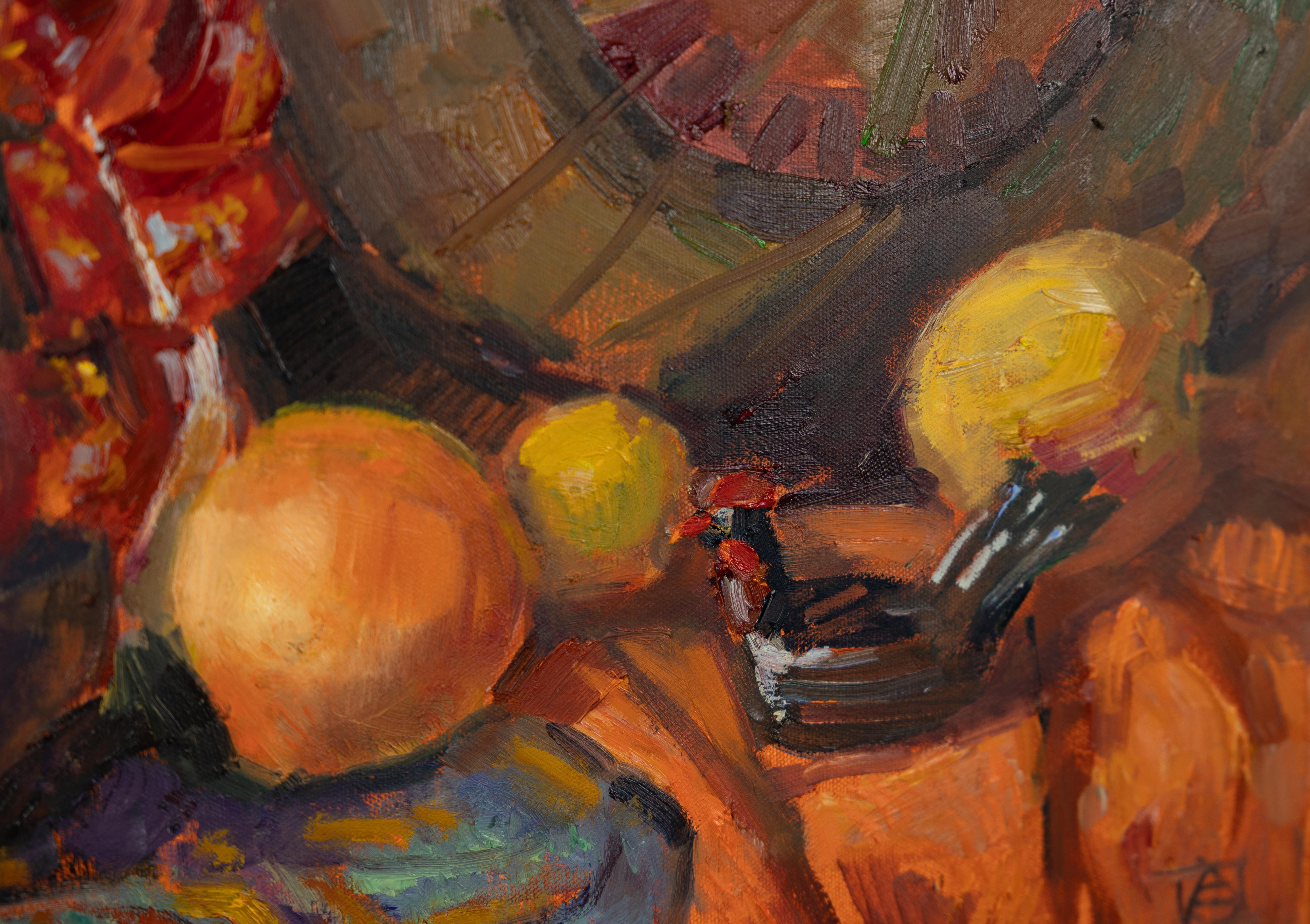 Chinese Still Life. Impressionism, oil, flowers, doll, braun, orange For Sale 1