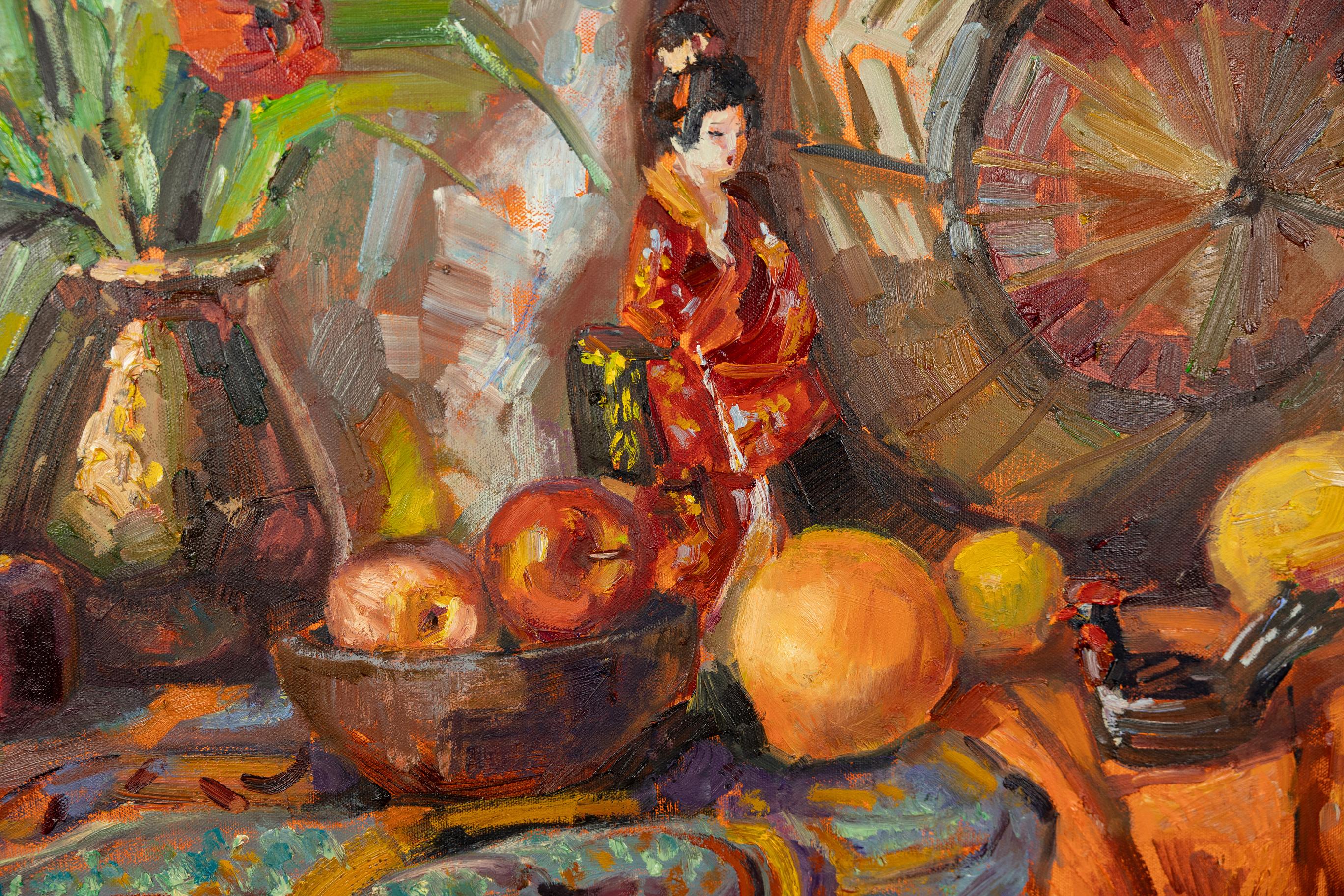 Chinese Still Life. Impressionism, oil, flowers, doll, braun, orange For Sale 2