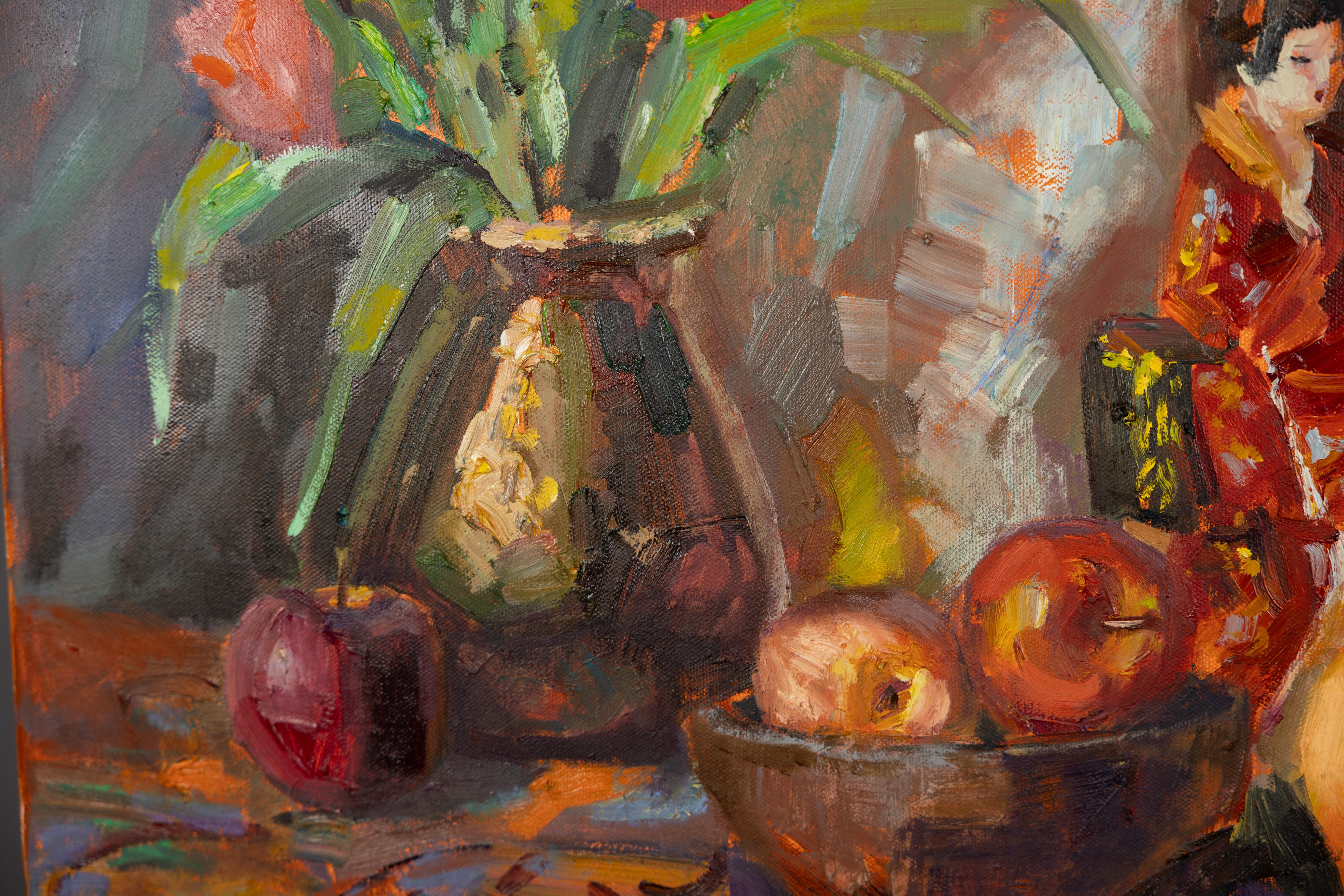 Chinese Still Life. Impressionism, oil, flowers, doll, braun, orange For Sale 3