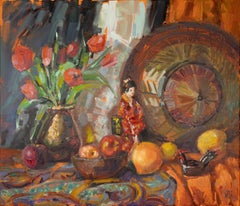 Chinese Still Life. Impressionism, oil painting, doll, flowers, horizontal