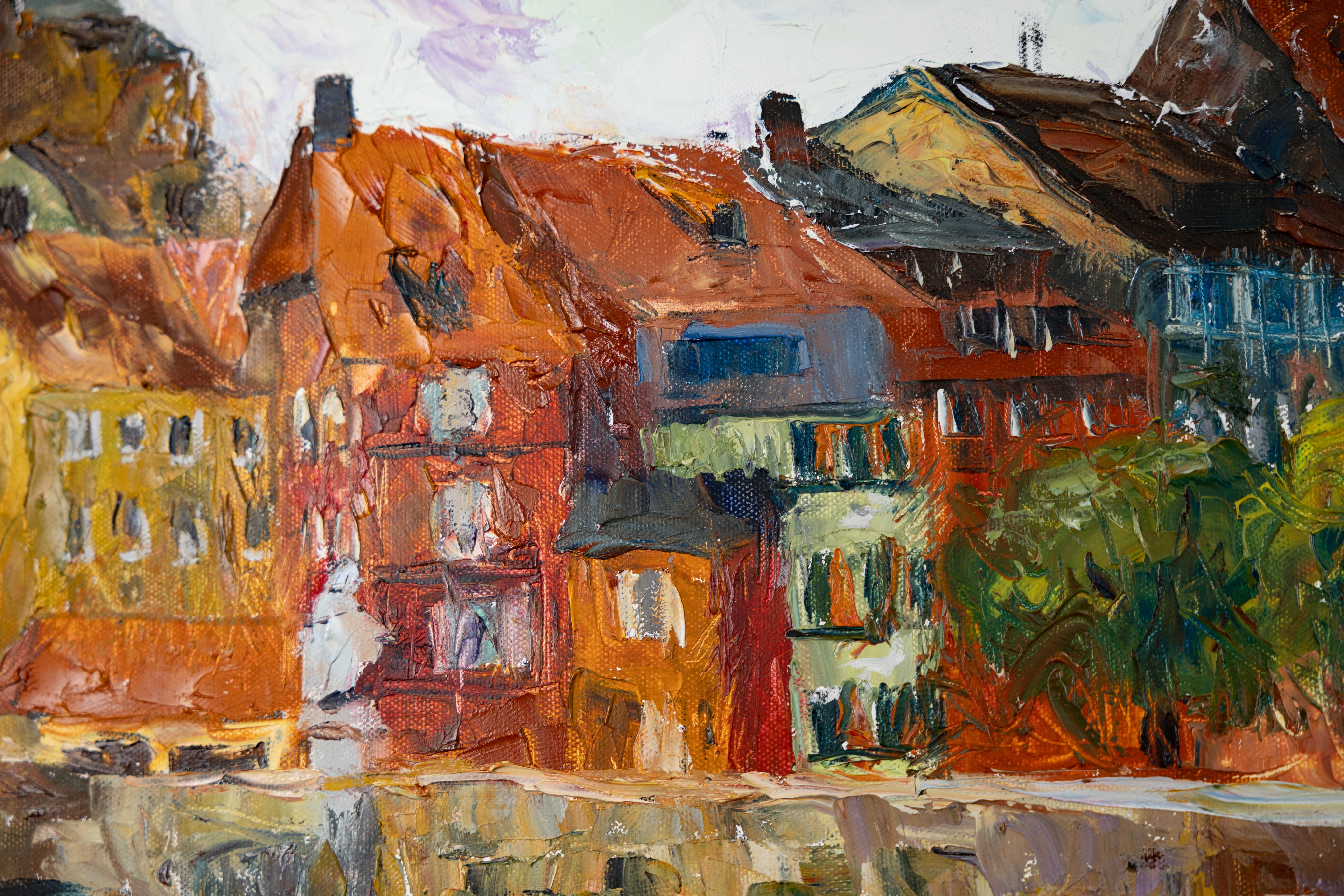 Città sul fiume. Paesaggio ad olio con case, orizzontale. Impressionismo in vendita 5