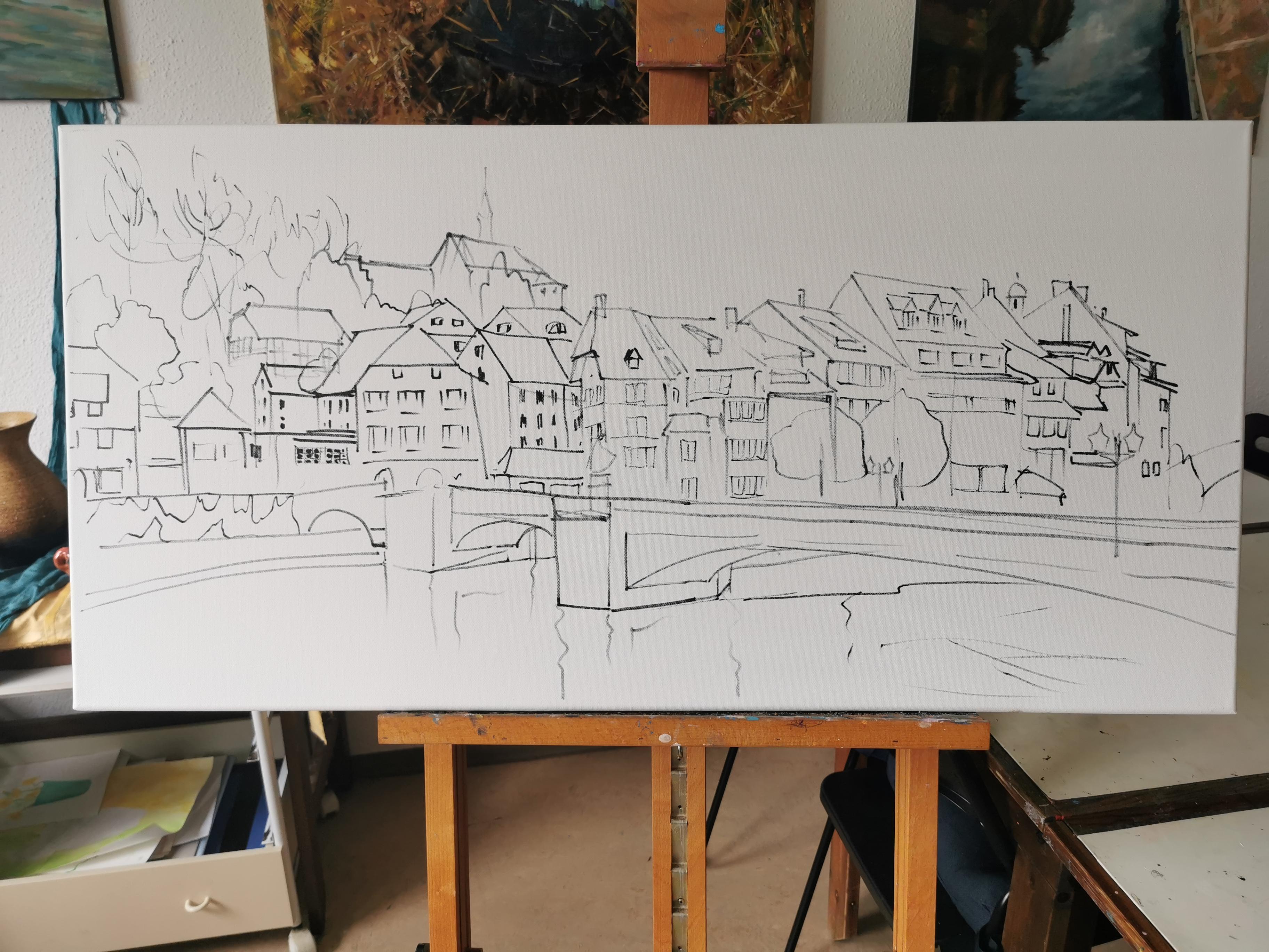 Città sul fiume. Paesaggio ad olio con case, orizzontale. Impressionismo in vendita 6