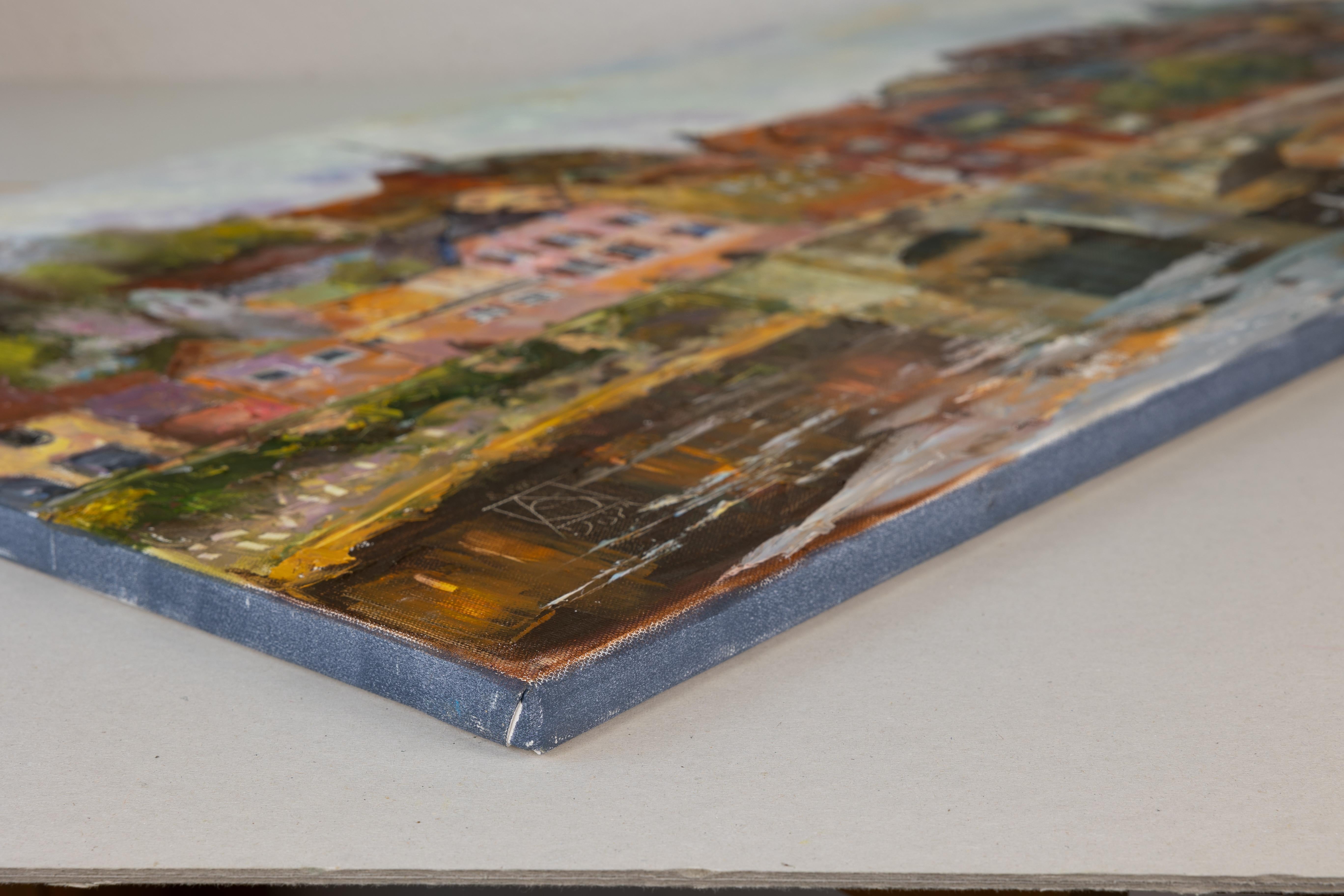 Città sul fiume. Paesaggio ad olio con case, orizzontale. Impressionismo - Painting di Anna Shesterikova