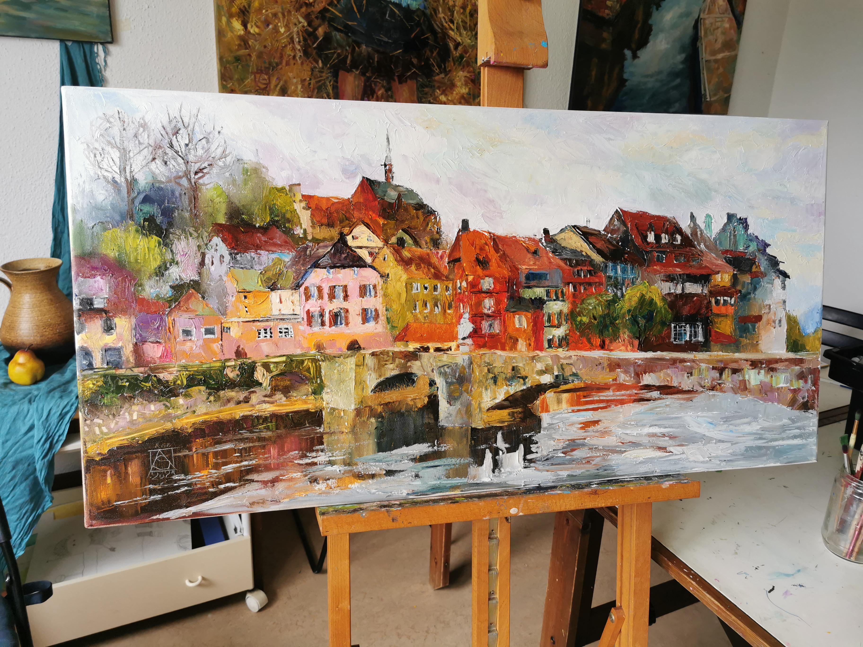 Città sul fiume. Paesaggio ad olio con case, orizzontale. Impressionismo - Painting Postimpressionismo di Anna Shesterikova