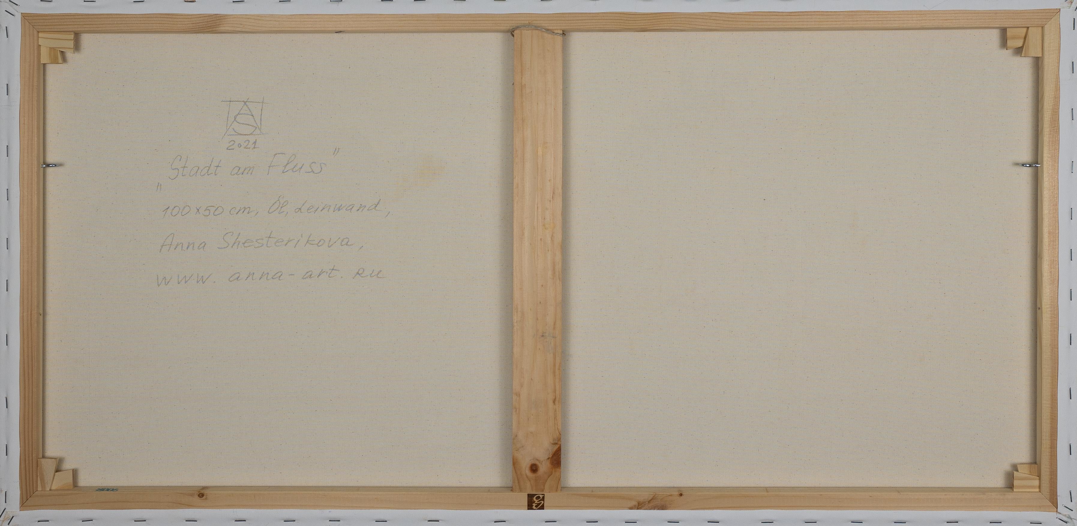 Città sul fiume. Paesaggio ad olio con case, orizzontale. Impressionismo - Landscape Painting Grigio di Anna Shesterikova