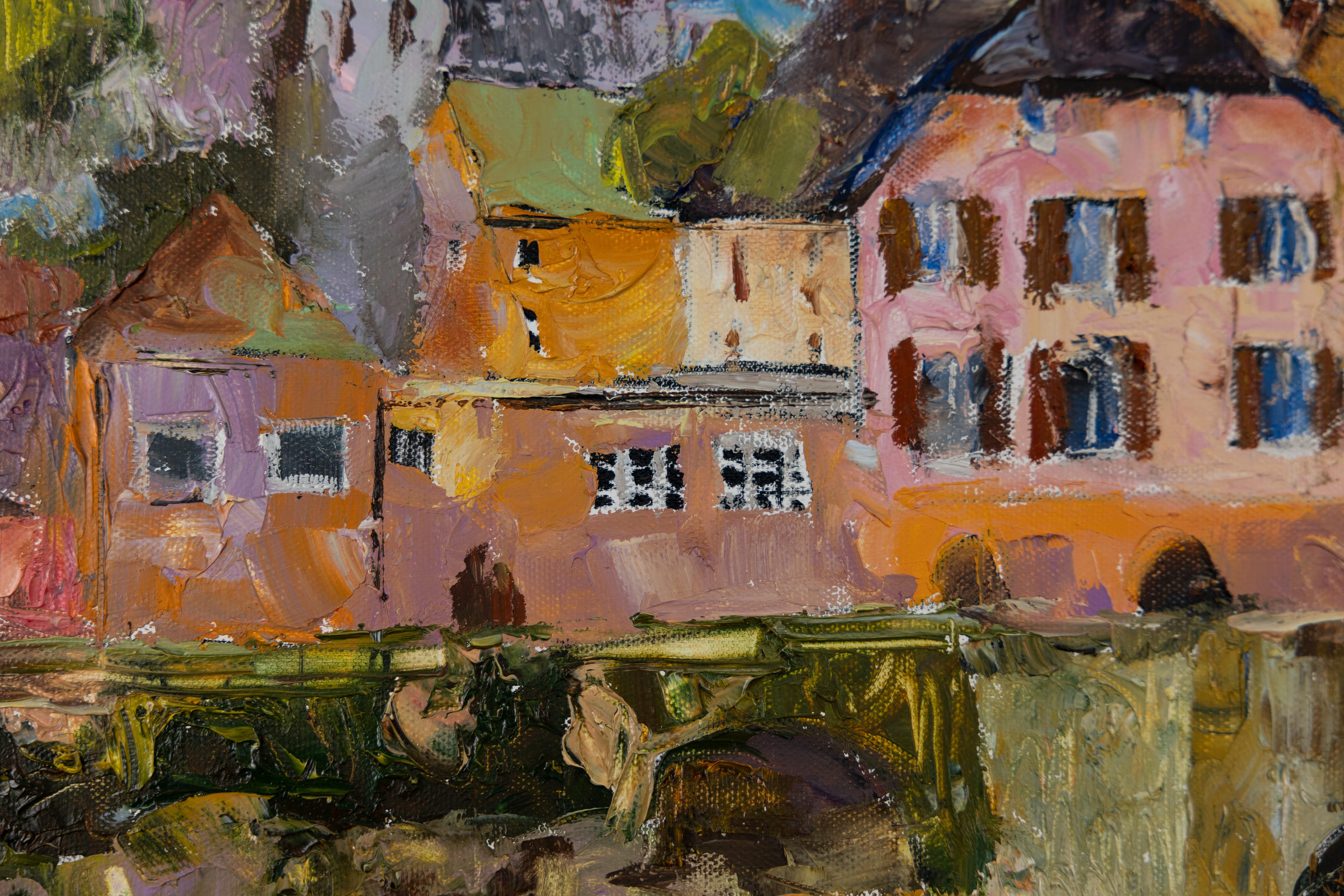 Città sul fiume. Paesaggio ad olio con case, orizzontale. Impressionismo in vendita 1