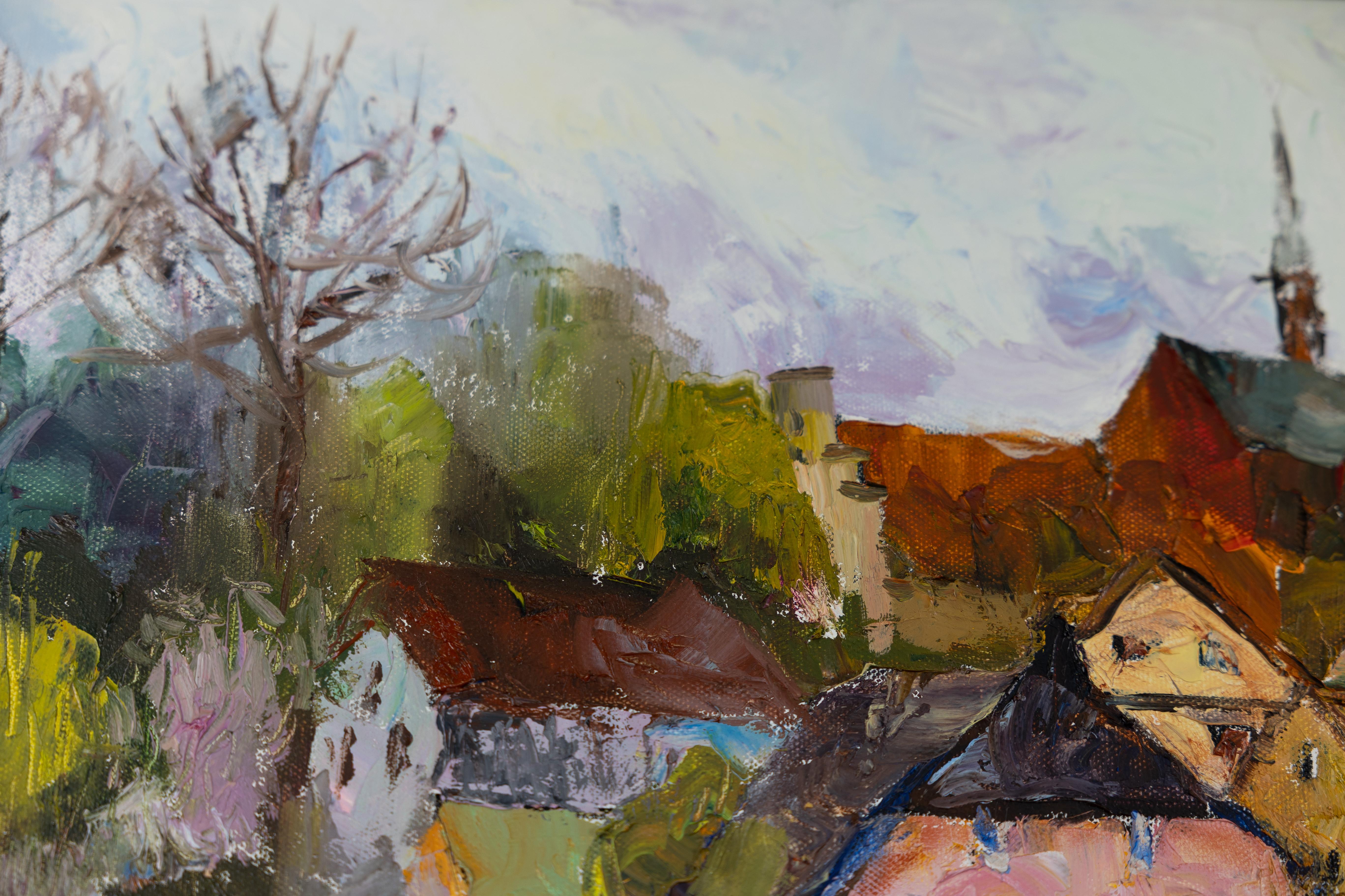 Città sul fiume. Paesaggio ad olio con case, orizzontale. Impressionismo in vendita 2