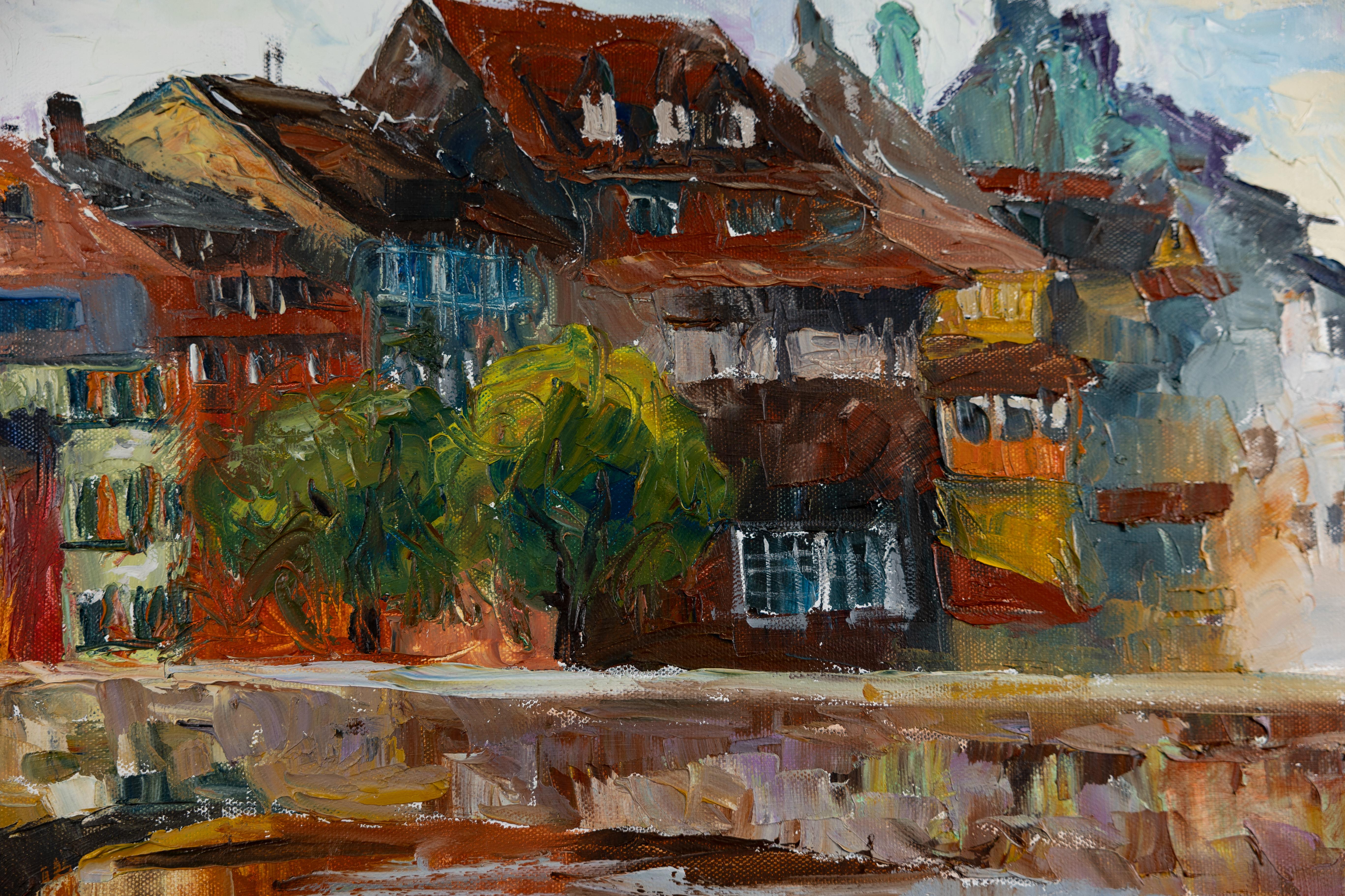 Città sul fiume. Paesaggio ad olio con case, orizzontale. Impressionismo in vendita 3