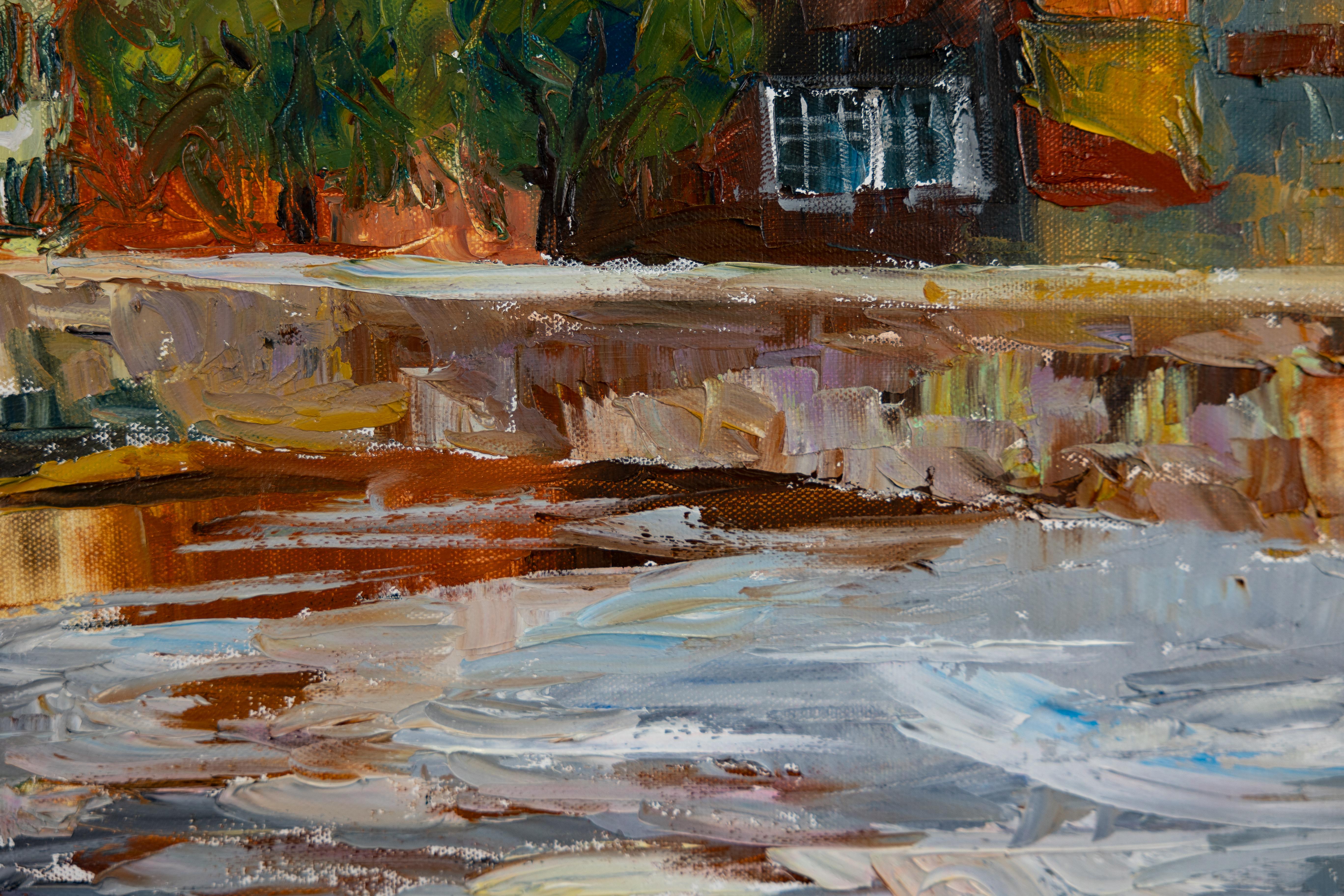 Città sul fiume. Paesaggio ad olio con case, orizzontale. Impressionismo in vendita 4