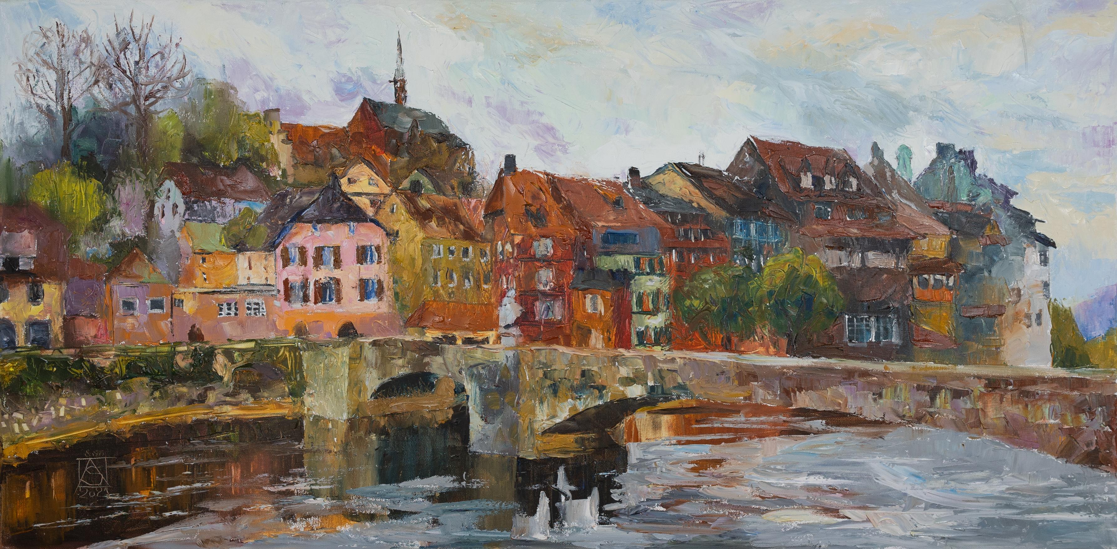 Città sul fiume. Paesaggio ad olio con case, orizzontale. Impressionismo
